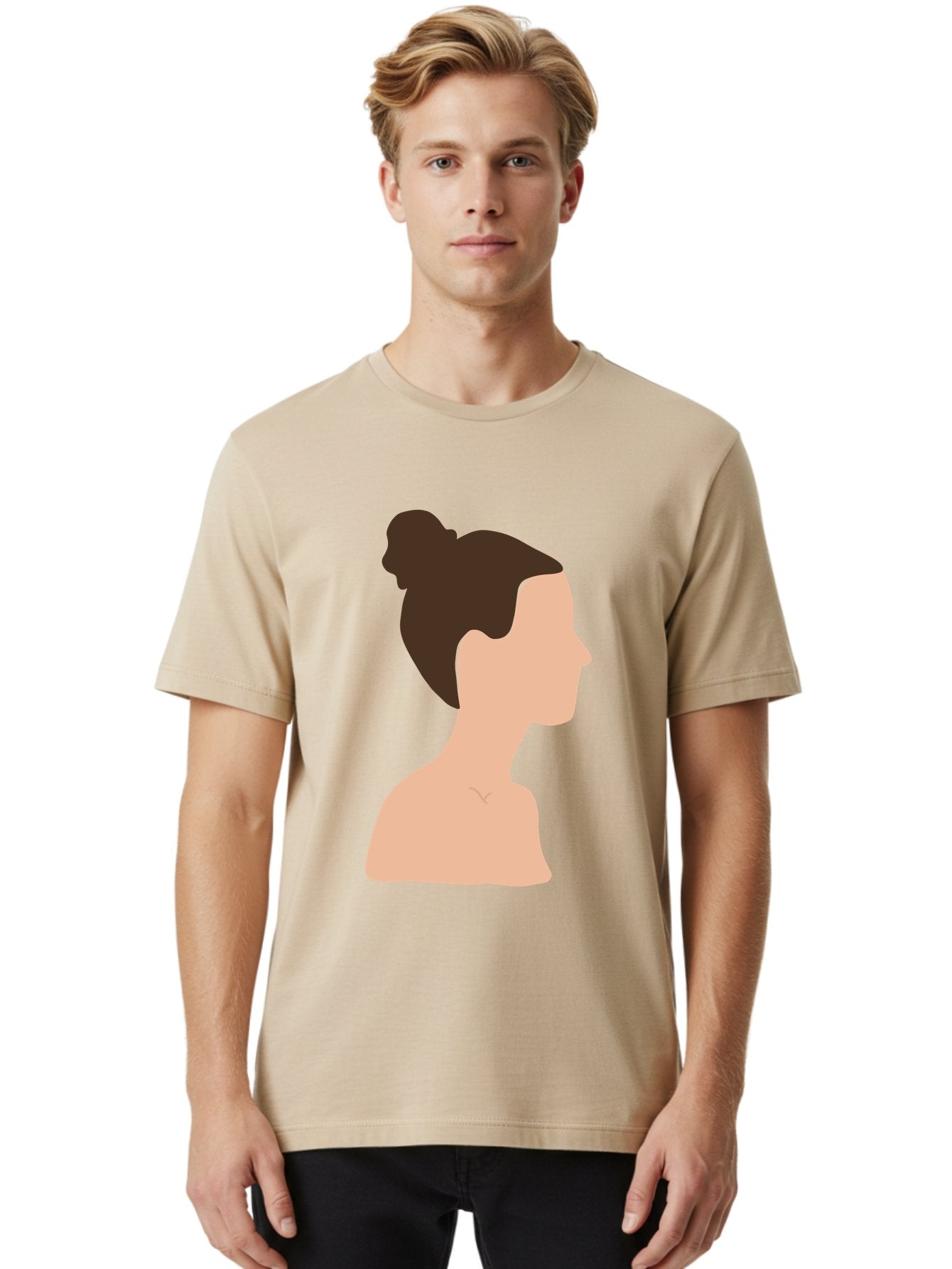Woman-Profile-1 Men'S Graphic Tee, 100% Cotton, Comfortable Casual Summer Wear, Machine Washable, Woman Profile, Minimalist Portrait, Simple Illustration, Dark Hair, Bun Hairstyle, Featureless Face, Bare Shoulders, Clean Design, Modern Art Aae064 21