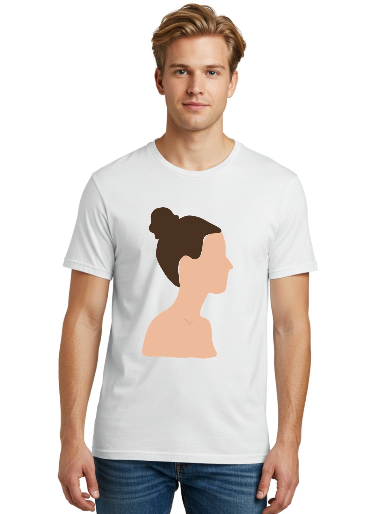 Woman-Profile-1 Men'S Graphic Tee, 100% Cotton, Comfortable Casual Summer Wear, Machine Washable, Woman Profile, Minimalist Portrait, Simple Illustration, Dark Hair, Bun Hairstyle, Featureless Face, Bare Shoulders, Clean Design, Modern Art Aae064 30