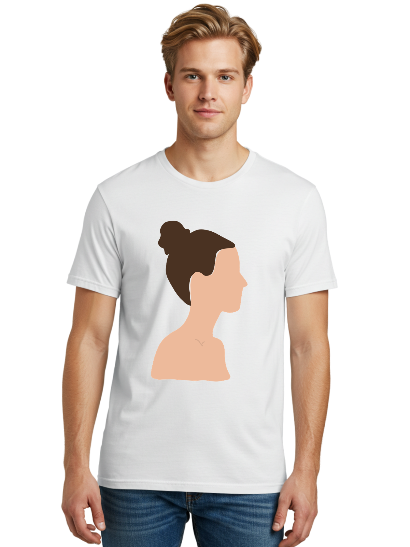 Woman-Profile-1 Men'S Graphic Tee, 100% Cotton, Comfortable Casual Summer Wear, Machine Washable, Woman Profile, Minimalist Portrait, Simple Illustration, Dark Hair, Bun Hairstyle, Featureless Face, Bare Shoulders, Clean Design, Modern Art Aae064