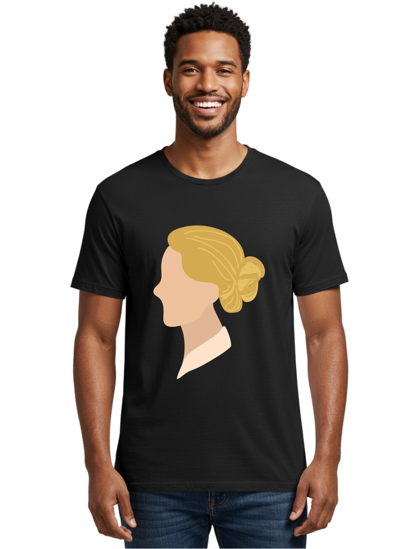 Woman-Profile Men'S Graphic Tee, 100% Cotton, Comfortable Casual Summer Wear, Machine Washable, Blonde Woman, Side Profile, Minimalist Design, Clean Lines, Simple Shapes, Elegant Hairstyle, Professional Illustration, Modern Art, Female Profile Aae065 24