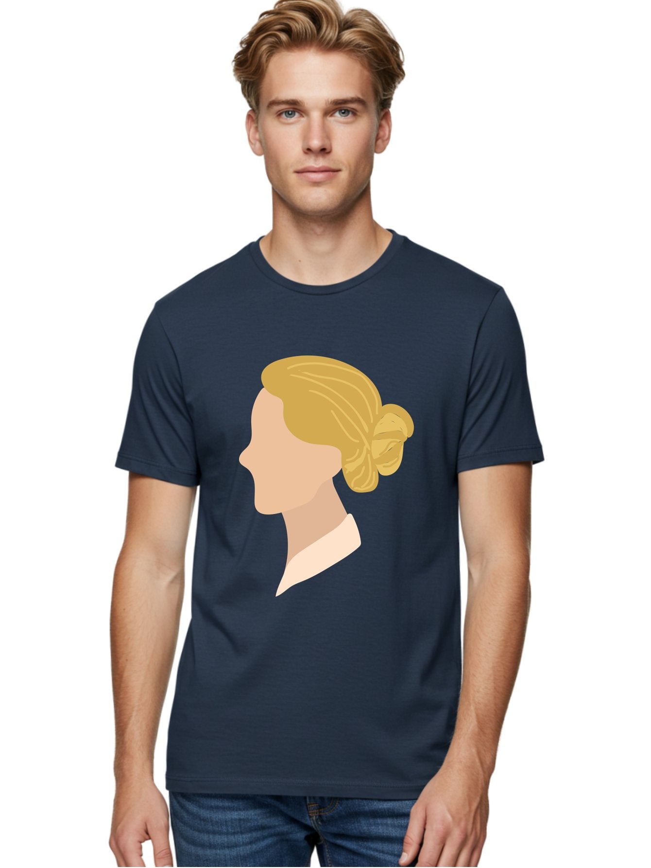 Woman-Profile Men'S Graphic Tee, 100% Cotton, Comfortable Casual Summer Wear, Machine Washable, Blonde Woman, Side Profile, Minimalist Design, Clean Lines, Simple Shapes, Elegant Hairstyle, Professional Illustration, Modern Art, Female Profile Aae065 18