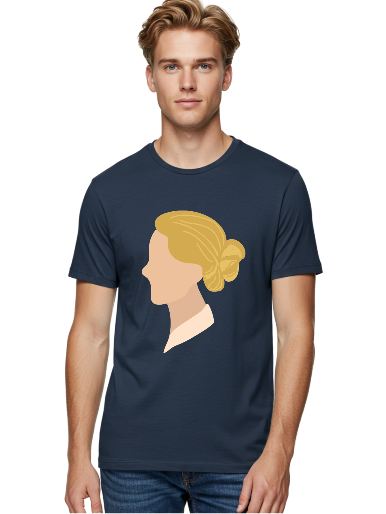 Woman-Profile Men'S Graphic Tee, 100% Cotton, Comfortable Casual Summer Wear, Machine Washable, Blonde Woman, Side Profile, Minimalist Design, Clean Lines, Simple Shapes, Elegant Hairstyle, Professional Illustration, Modern Art, Female Profile Aae065 24