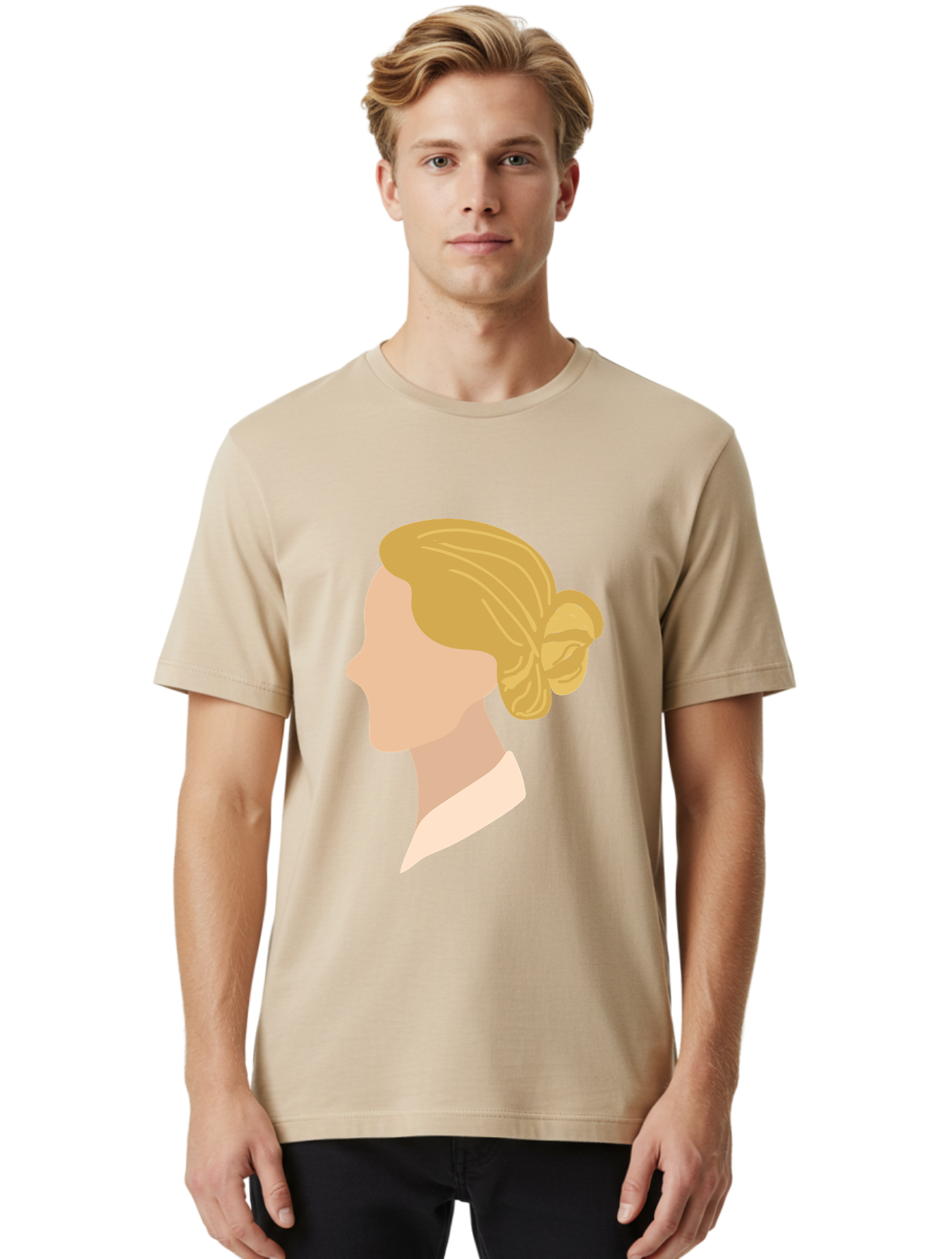 Woman-Profile Men'S Graphic Tee, 100% Cotton, Comfortable Casual Summer Wear, Machine Washable, Blonde Woman, Side Profile, Minimalist Design, Clean Lines, Simple Shapes, Elegant Hairstyle, Professional Illustration, Modern Art, Female Profile Aae065