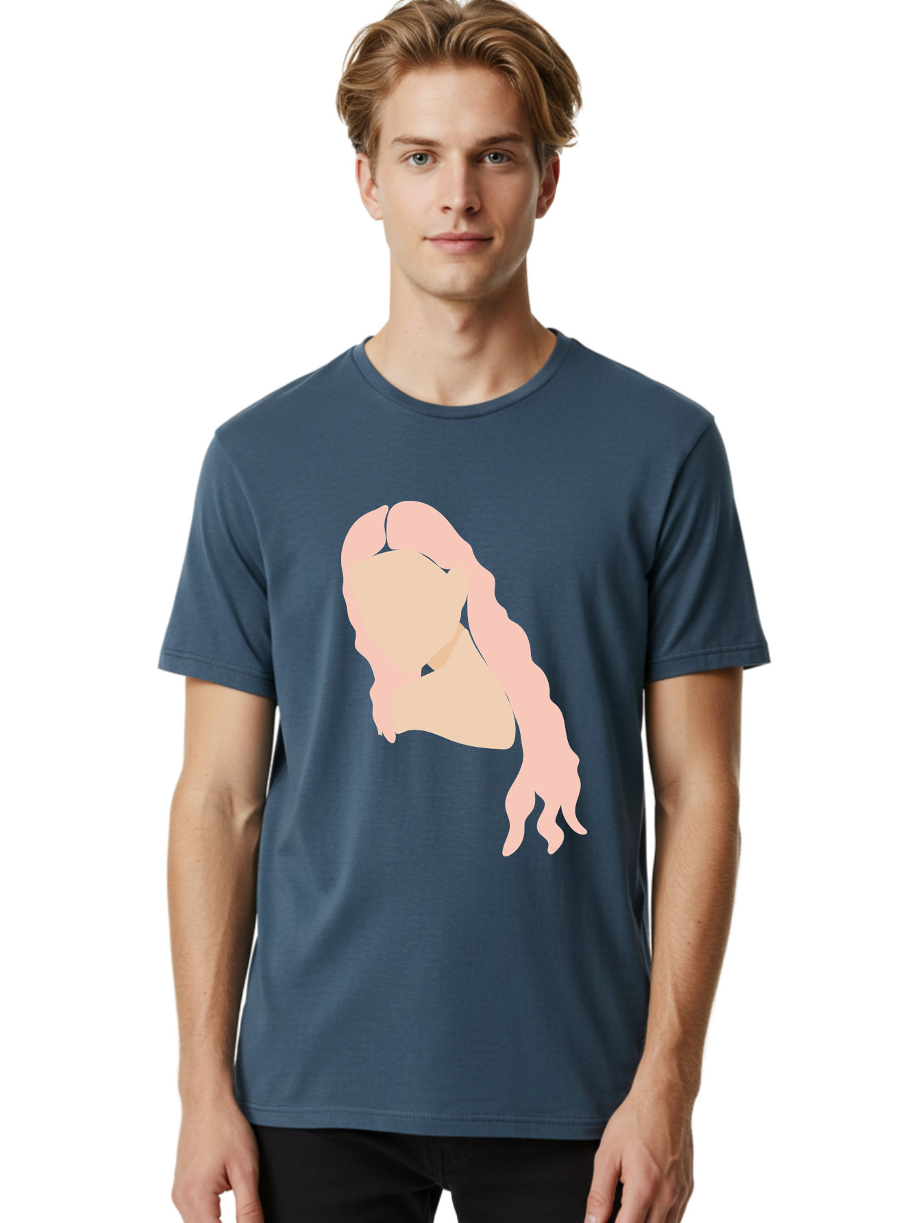 Woman-Silhouette Men'S Graphic Tee, 100% Cotton, Comfortable Casual Summer Wear, Machine Washable, Woman Portrait, Pink Silhouette, Wavy Hair, Minimalist Design, Modern Art, Portrait Illustration, Soft Pink Tones, Simple Shapes Aae067 24