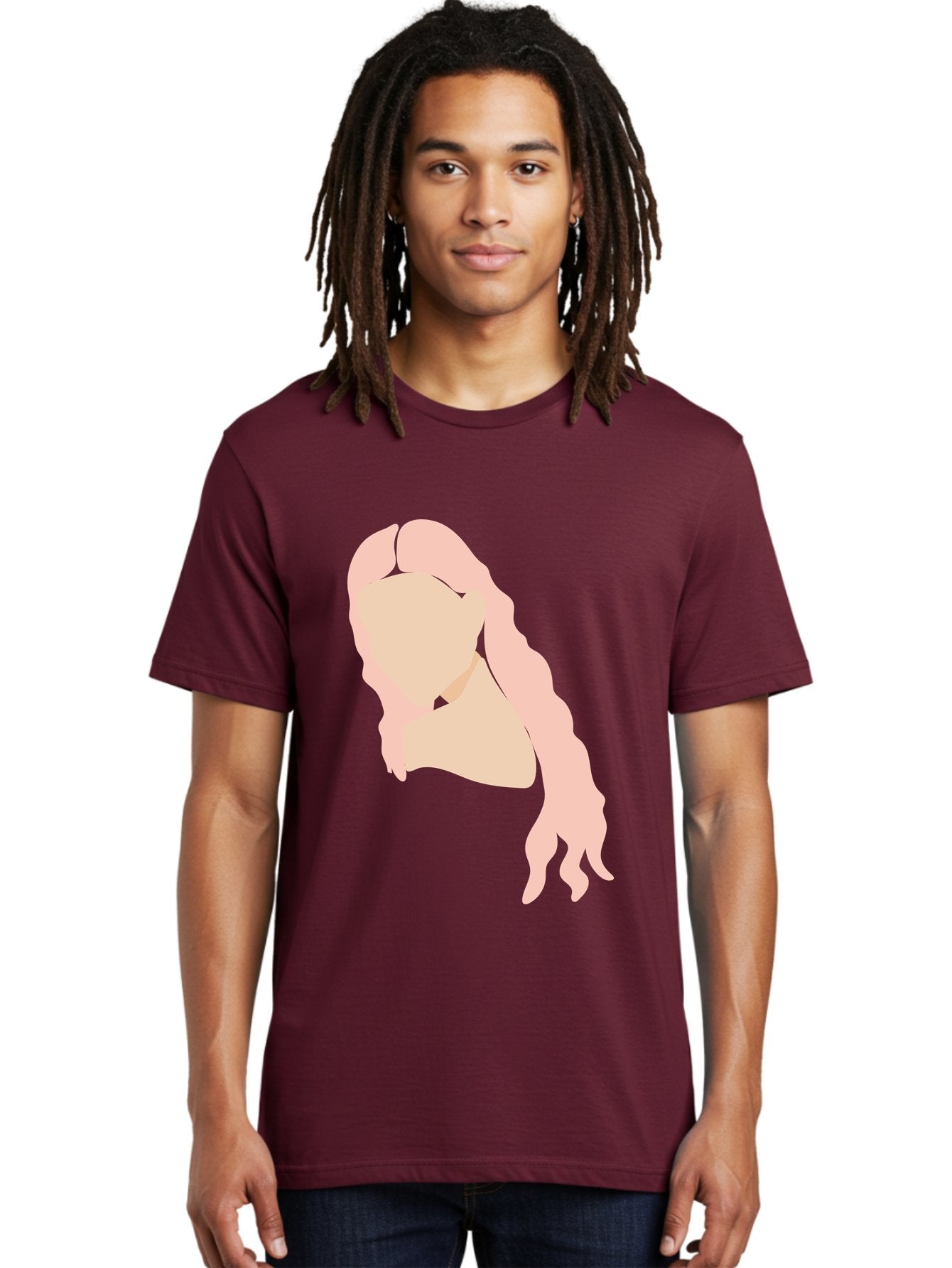 Woman-Silhouette Men'S Graphic Tee, 100% Cotton, Comfortable Casual Summer Wear, Machine Washable, Woman Portrait, Pink Silhouette, Wavy Hair, Minimalist Design, Modern Art, Portrait Illustration, Soft Pink Tones, Simple Shapes Aae067 25