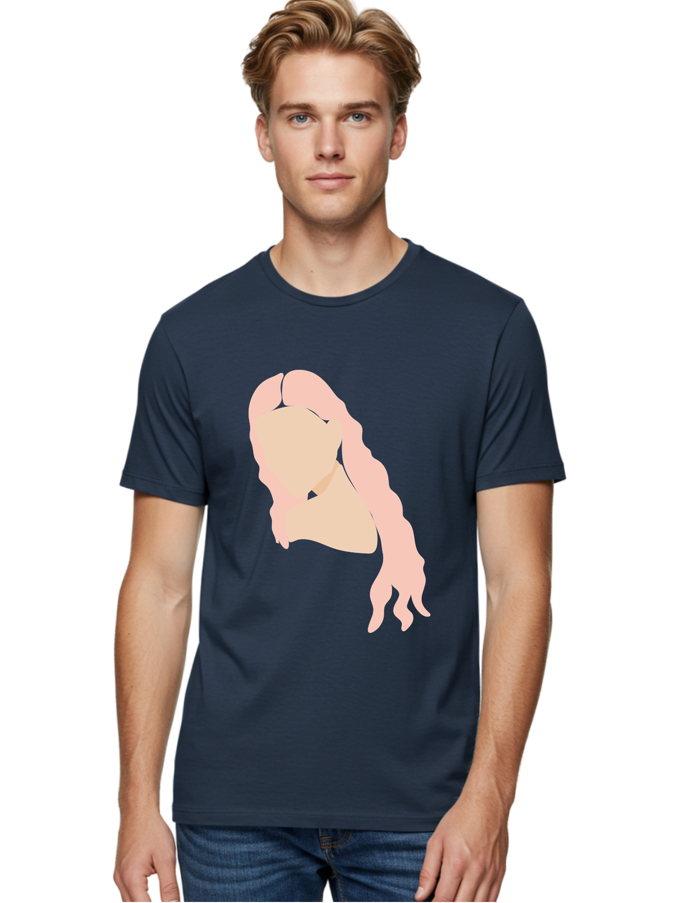 Woman-Silhouette Men'S Graphic Tee, 100% Cotton, Comfortable Casual Summer Wear, Machine Washable, Woman Portrait, Pink Silhouette, Wavy Hair, Minimalist Design, Modern Art, Portrait Illustration, Soft Pink Tones, Simple Shapes Aae067 4