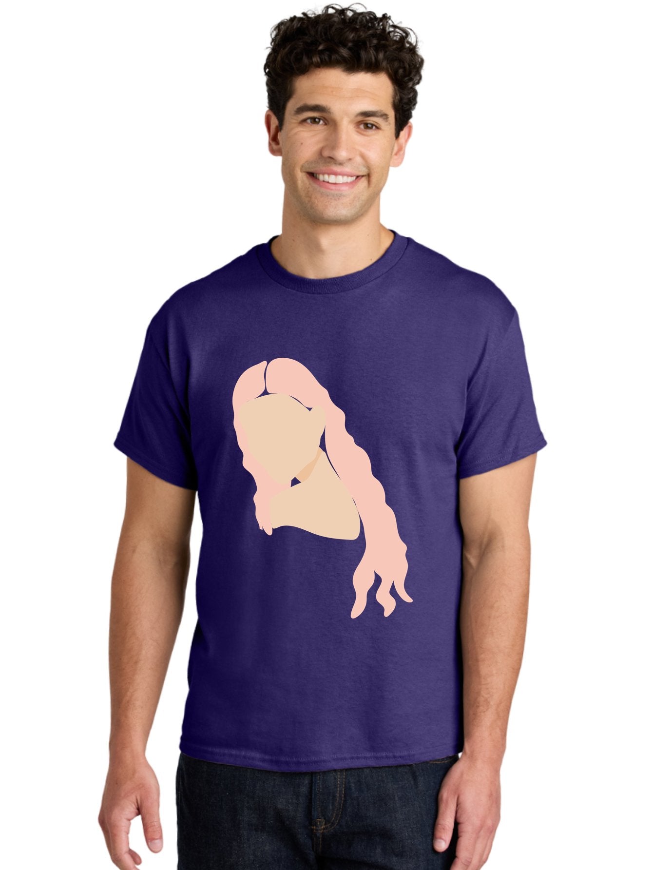 Woman-Silhouette Men'S Graphic Tee, 100% Cotton, Comfortable Casual Summer Wear, Machine Washable, Woman Portrait, Pink Silhouette, Wavy Hair, Minimalist Design, Modern Art, Portrait Illustration, Soft Pink Tones, Simple Shapes Aae067 19