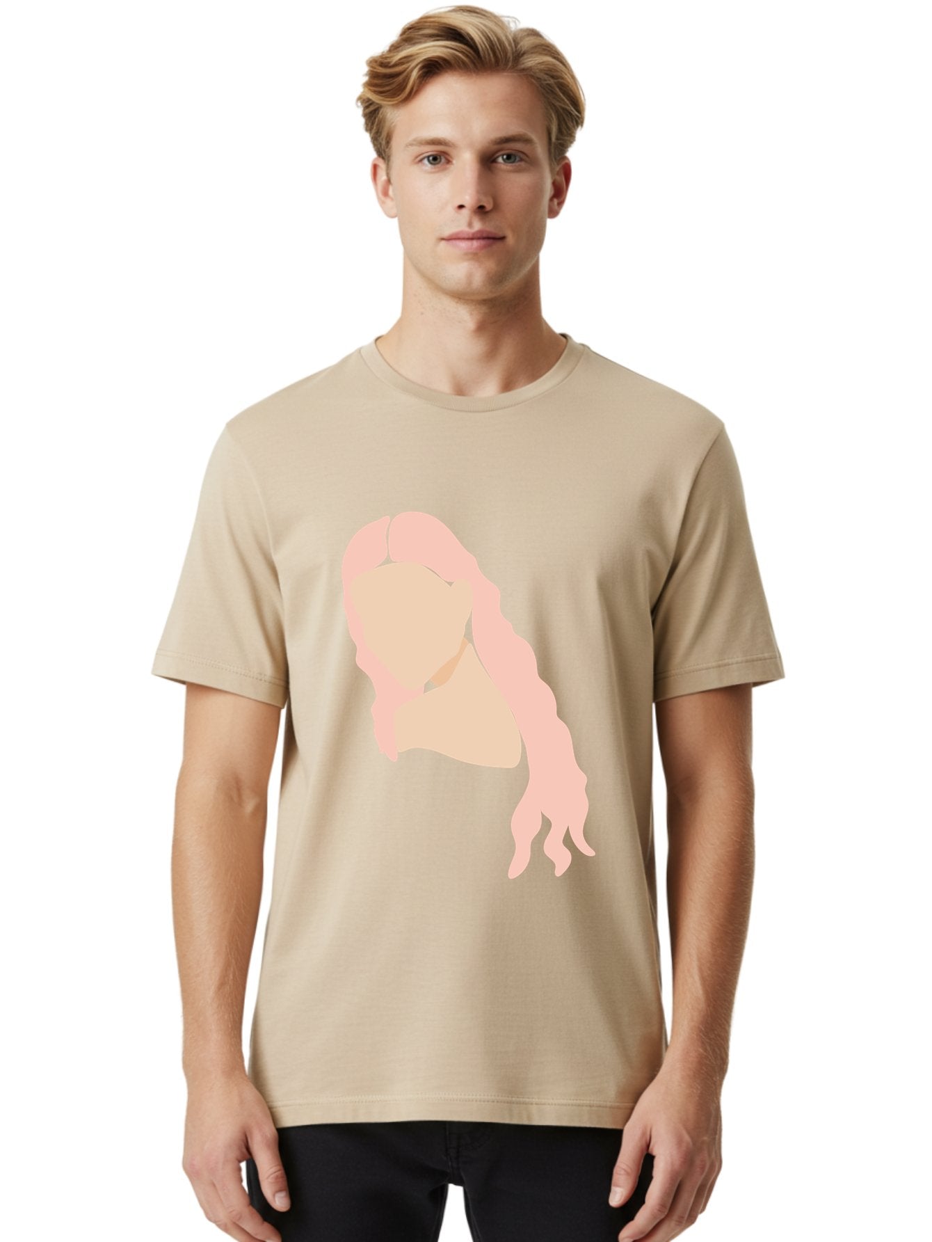 Woman-Silhouette Men'S Graphic Tee, 100% Cotton, Comfortable Casual Summer Wear, Machine Washable, Woman Portrait, Pink Silhouette, Wavy Hair, Minimalist Design, Modern Art, Portrait Illustration, Soft Pink Tones, Simple Shapes Aae067 30