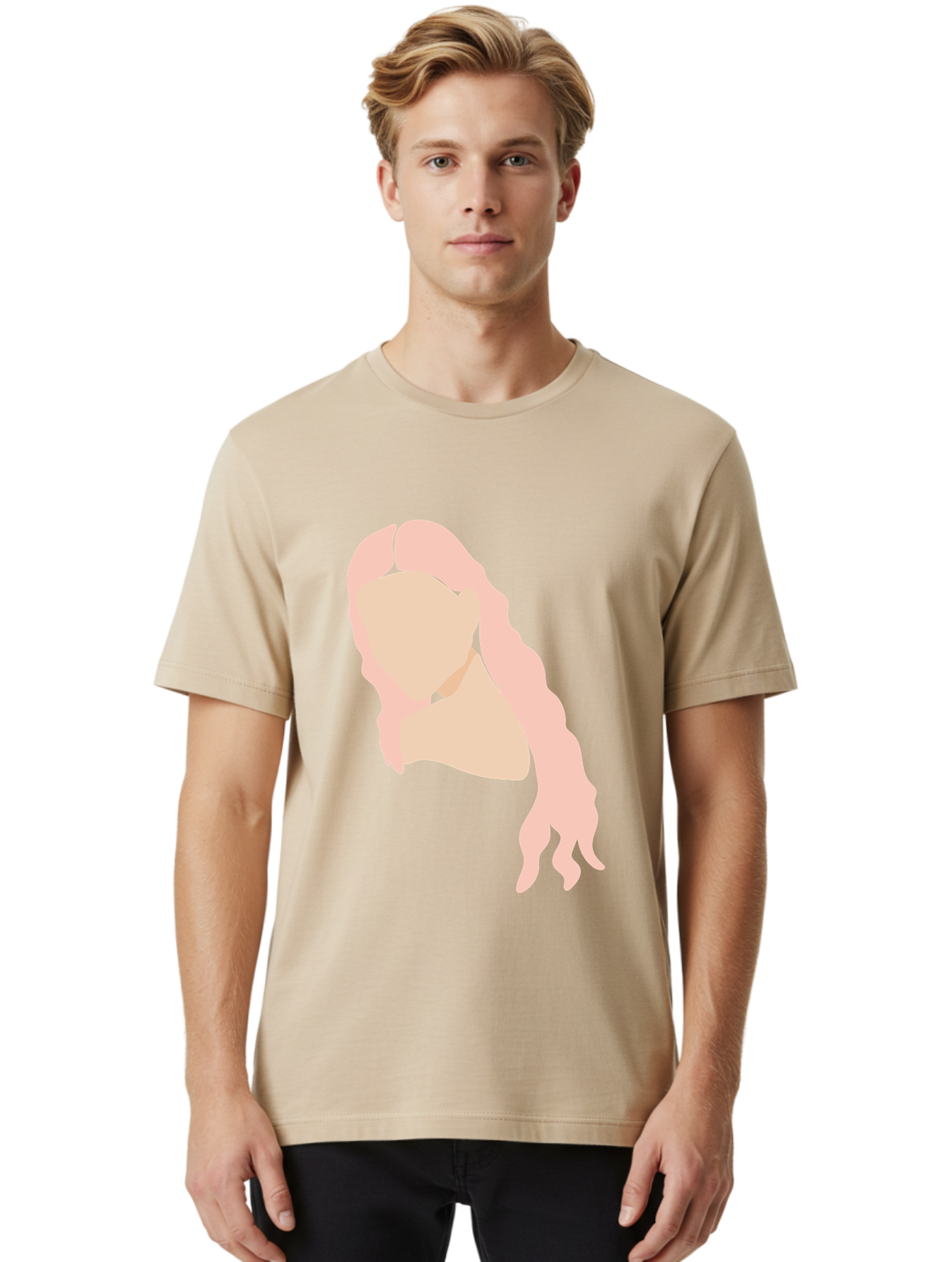 Woman-Silhouette Men'S Graphic Tee, 100% Cotton, Comfortable Casual Summer Wear, Machine Washable, Woman Portrait, Pink Silhouette, Wavy Hair, Minimalist Design, Modern Art, Portrait Illustration, Soft Pink Tones, Simple Shapes Aae067