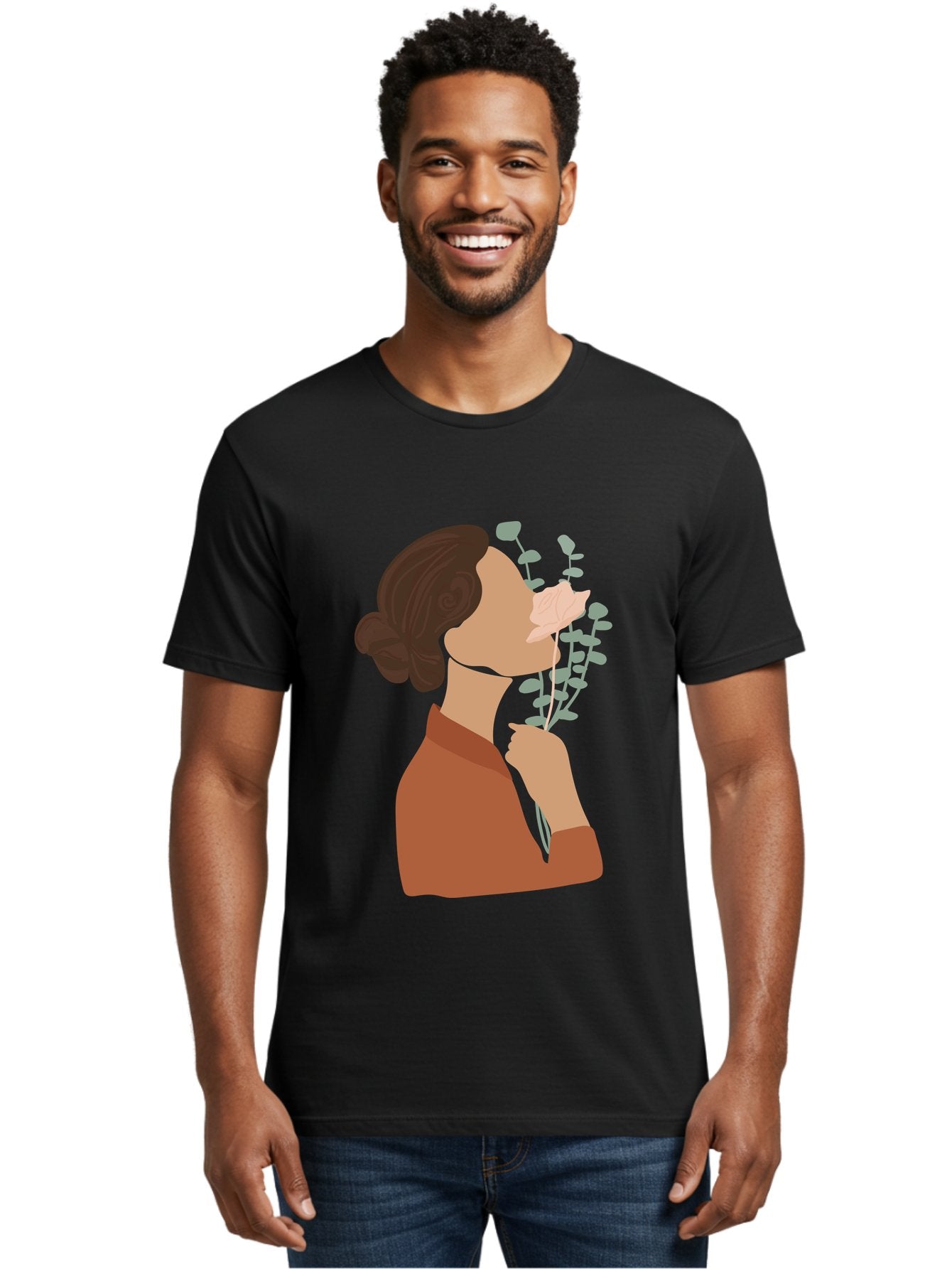 Woman-Smelling-Flower Men'S Graphic Tee, 100% Cotton, Comfortable Casual Summer Wear, Machine Washable, Woman Smelling Flowers, Blooming Flowers, Floral Scent, Serene Atmosphere, Gentle Gesture, Digital Illustration, Modern Art, Aae068 30