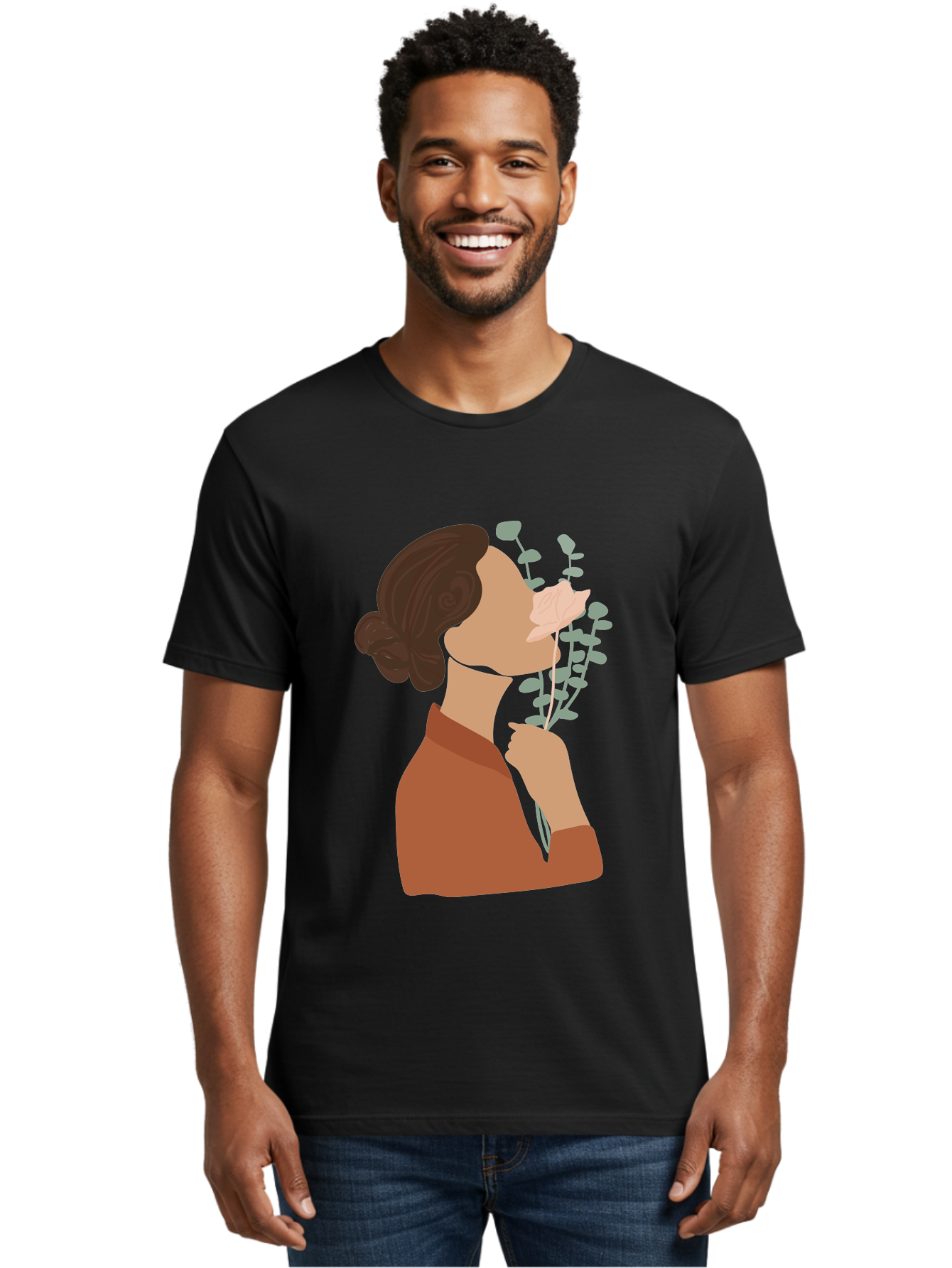Woman-Smelling-Flower Men'S Graphic Tee, 100% Cotton, Comfortable Casual Summer Wear, Machine Washable, Woman Smelling Flowers, Blooming Flowers, Floral Scent, Serene Atmosphere, Gentle Gesture, Digital Illustration, Modern Art, Aae068