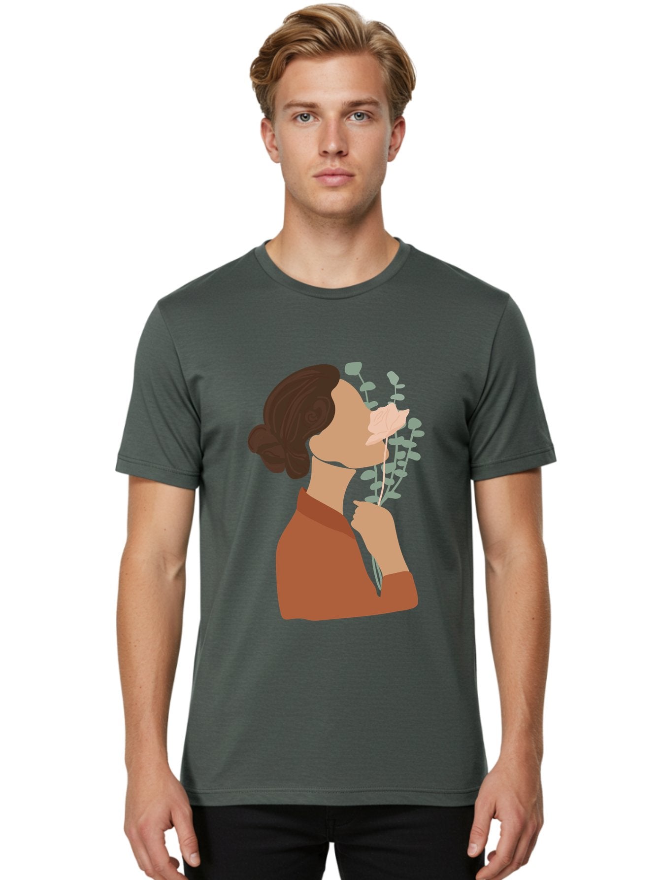 Woman-Smelling-Flower Men'S Graphic Tee, 100% Cotton, Comfortable Casual Summer Wear, Machine Washable, Woman Smelling Flowers, Blooming Flowers, Floral Scent, Serene Atmosphere, Gentle Gesture, Digital Illustration, Modern Art, Aae068 25