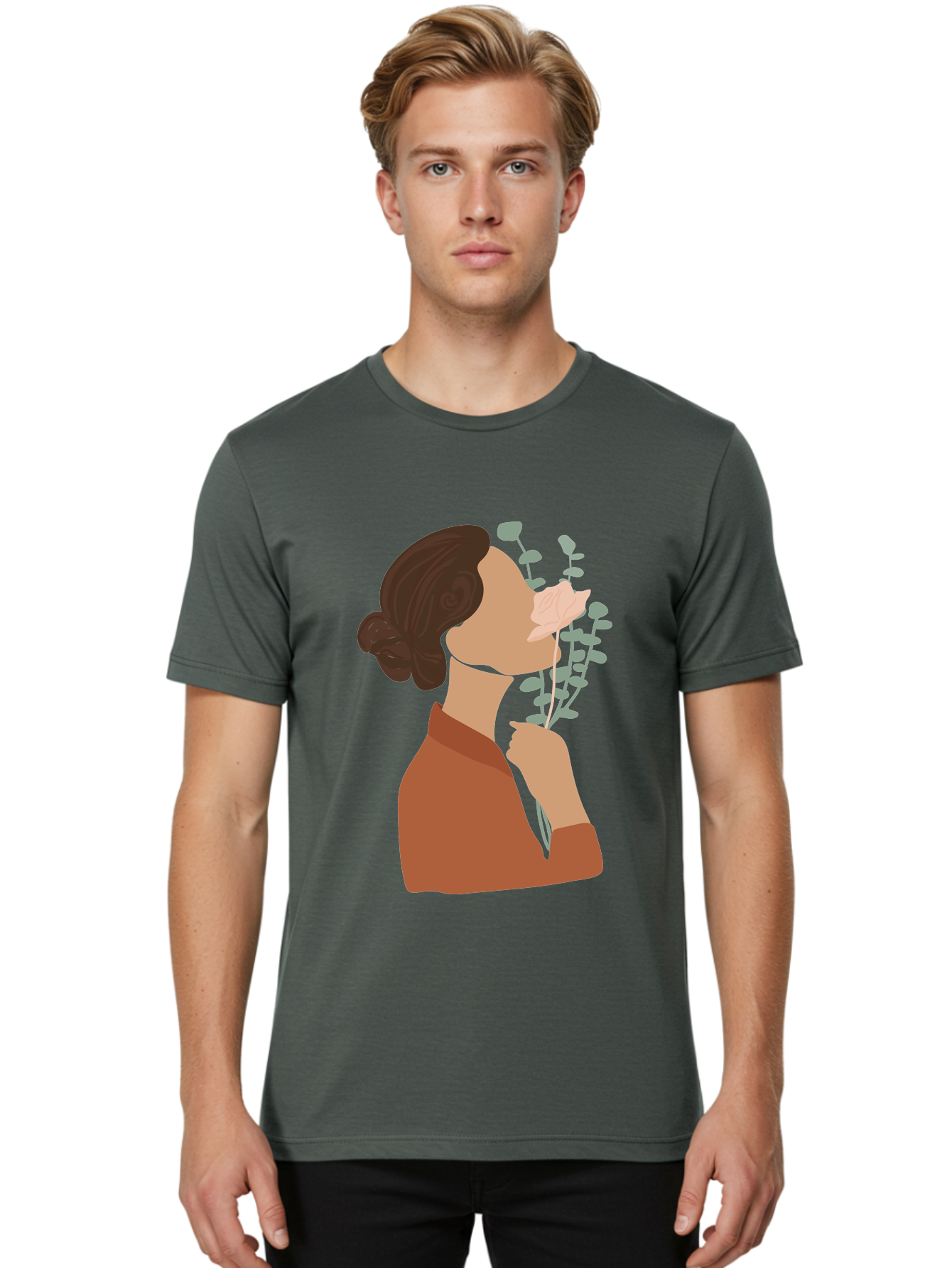 Woman-Smelling-Flower Men'S Graphic Tee, 100% Cotton, Comfortable Casual Summer Wear, Machine Washable, Woman Smelling Flowers, Blooming Flowers, Floral Scent, Serene Atmosphere, Gentle Gesture, Digital Illustration, Modern Art, Aae068 12