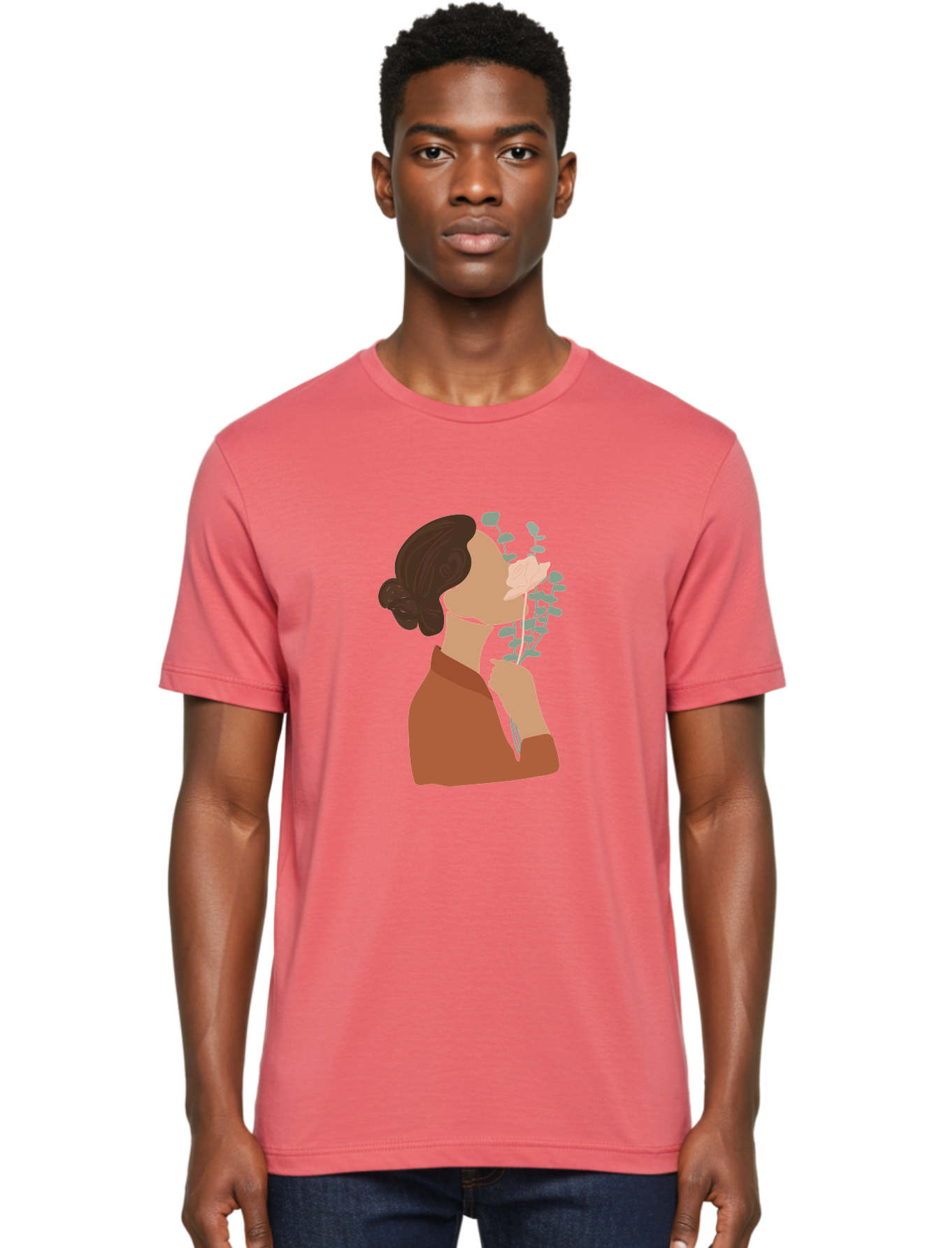 Woman-Smelling-Flower Men'S Graphic Tee, 100% Cotton, Comfortable Casual Summer Wear, Machine Washable, Woman Smelling Flowers, Blooming Flowers, Floral Scent, Serene Atmosphere, Gentle Gesture, Digital Illustration, Modern Art, Aae068 28