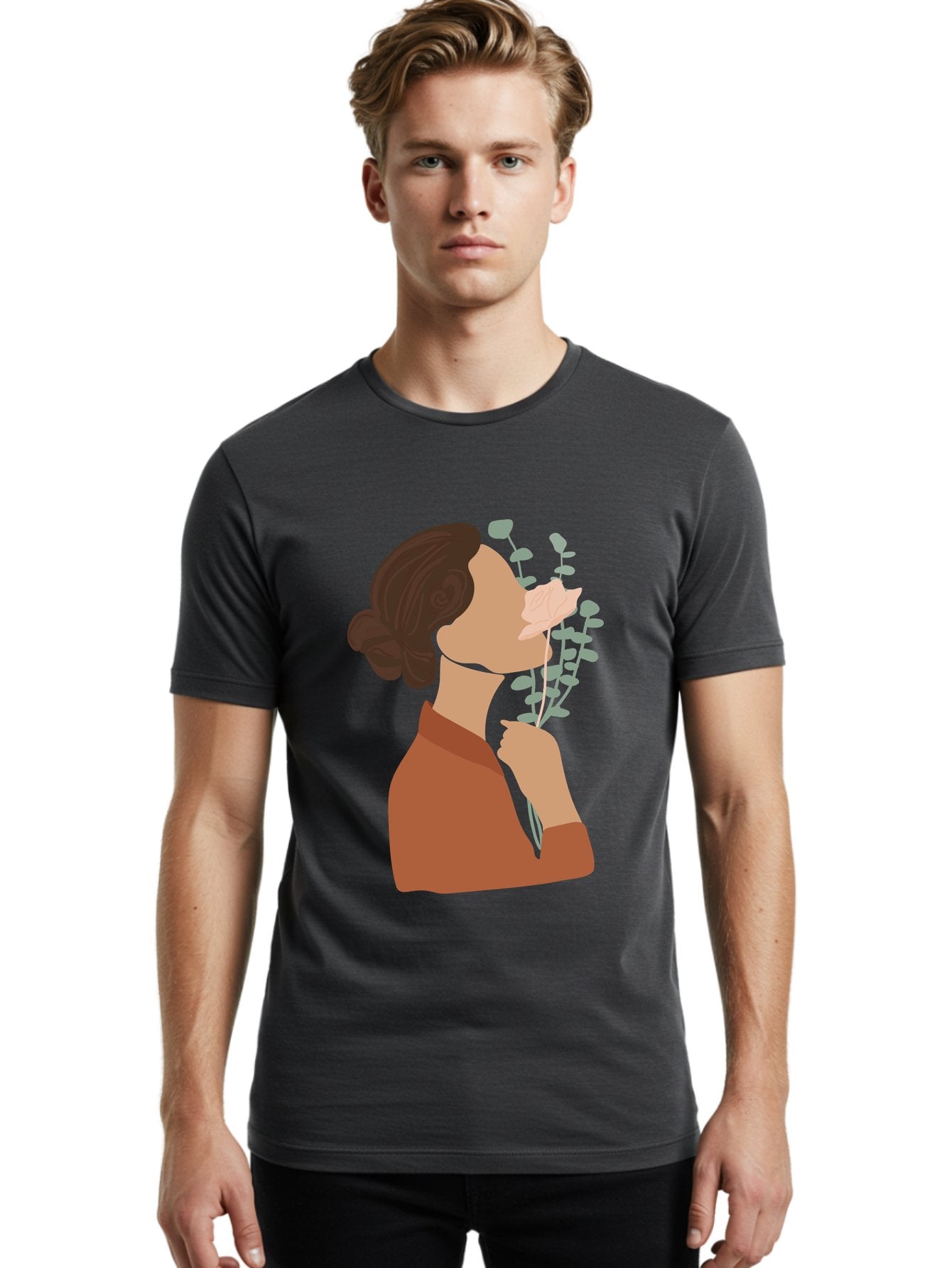 Woman-Smelling-Flower Men'S Graphic Tee, 100% Cotton, Comfortable Casual Summer Wear, Machine Washable, Woman Smelling Flowers, Blooming Flowers, Floral Scent, Serene Atmosphere, Gentle Gesture, Digital Illustration, Modern Art, Aae068 18