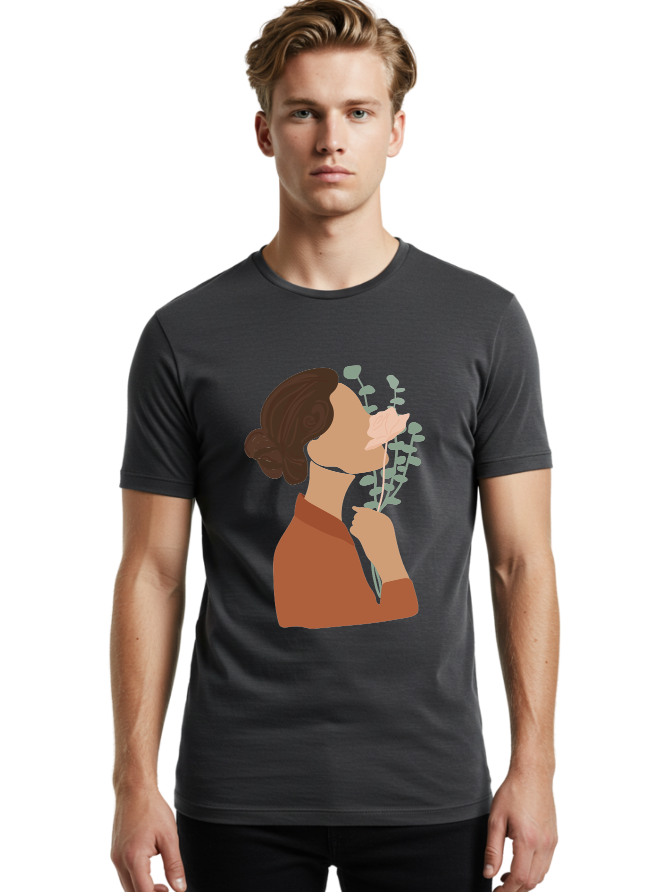 Woman-Smelling-Flower Men'S Graphic Tee, 100% Cotton, Comfortable Casual Summer Wear, Machine Washable, Woman Smelling Flowers, Blooming Flowers, Floral Scent, Serene Atmosphere, Gentle Gesture, Digital Illustration, Modern Art, Aae068 24