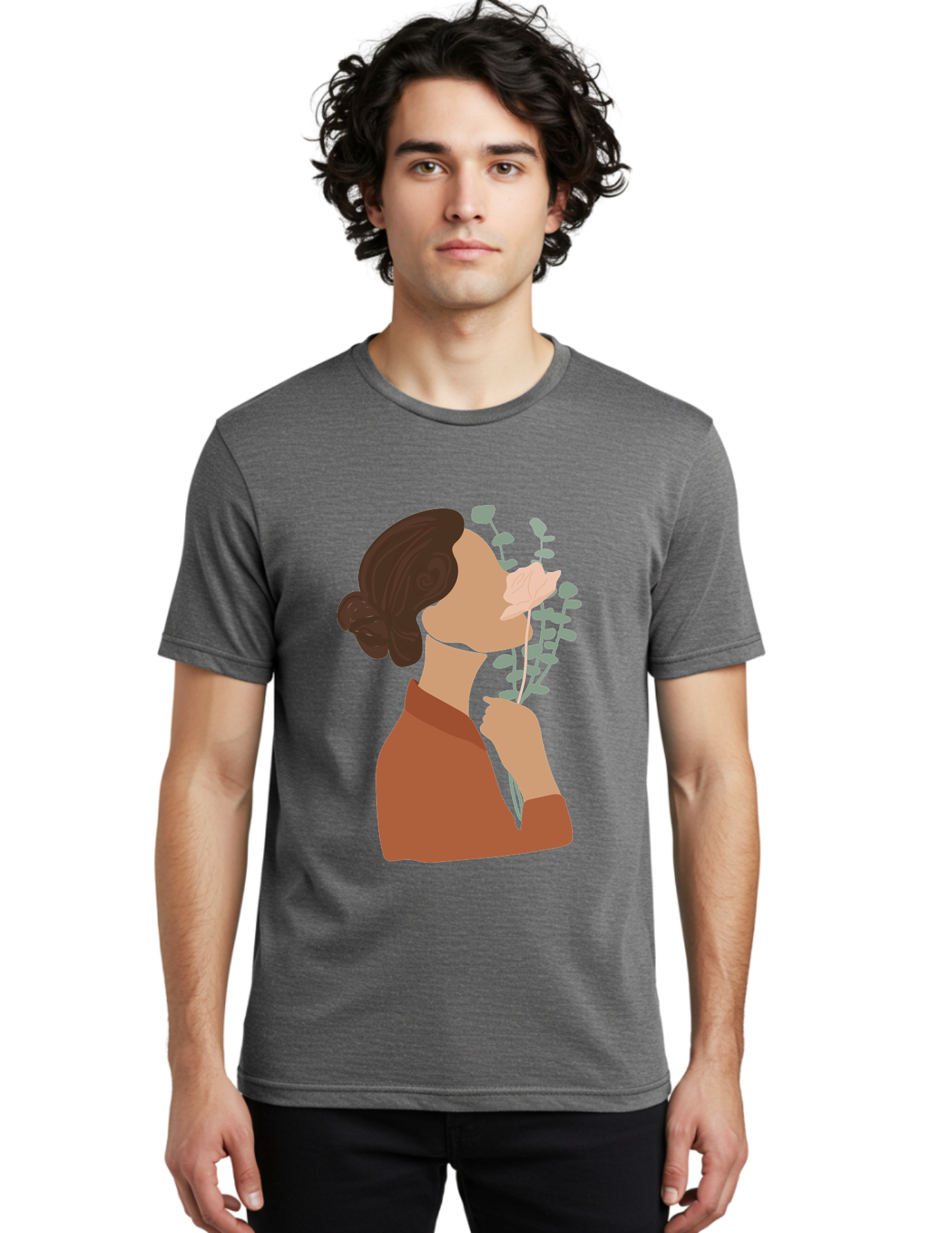 Woman-Smelling-Flower Men'S Graphic Tee, 100% Cotton, Comfortable Casual Summer Wear, Machine Washable, Woman Smelling Flowers, Blooming Flowers, Floral Scent, Serene Atmosphere, Gentle Gesture, Digital Illustration, Modern Art, Aae068 30
