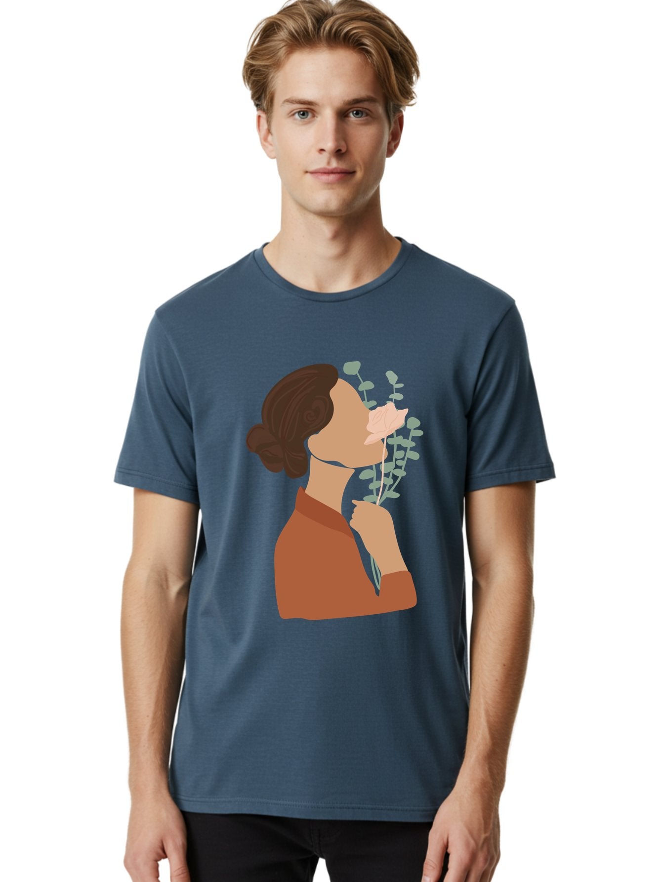 Woman-Smelling-Flower Men'S Graphic Tee, 100% Cotton, Comfortable Casual Summer Wear, Machine Washable, Woman Smelling Flowers, Blooming Flowers, Floral Scent, Serene Atmosphere, Gentle Gesture, Digital Illustration, Modern Art, Aae068 21