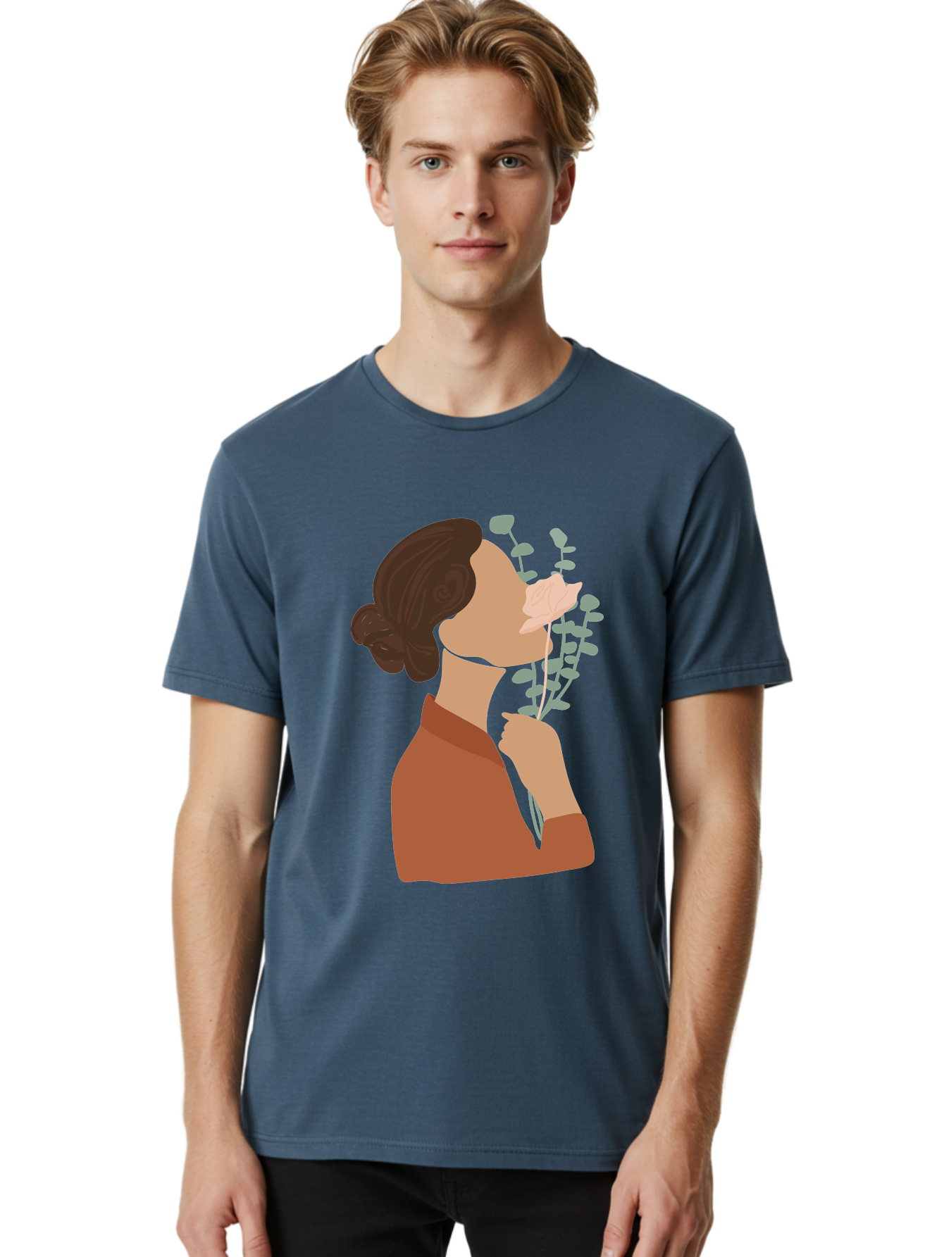 Woman-Smelling-Flower Men'S Graphic Tee, 100% Cotton, Comfortable Casual Summer Wear, Machine Washable, Woman Smelling Flowers, Blooming Flowers, Floral Scent, Serene Atmosphere, Gentle Gesture, Digital Illustration, Modern Art, Aae068 20