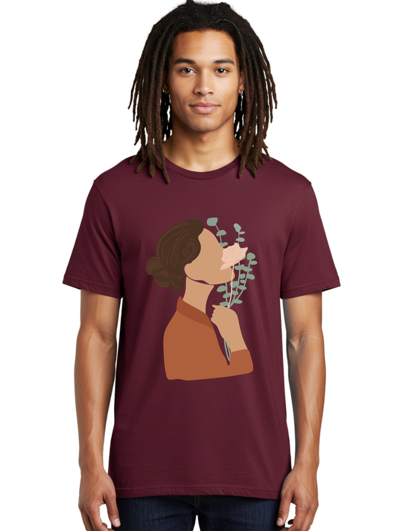 Woman-Smelling-Flower Men'S Graphic Tee, 100% Cotton, Comfortable Casual Summer Wear, Machine Washable, Woman Smelling Flowers, Blooming Flowers, Floral Scent, Serene Atmosphere, Gentle Gesture, Digital Illustration, Modern Art, Aae068 24