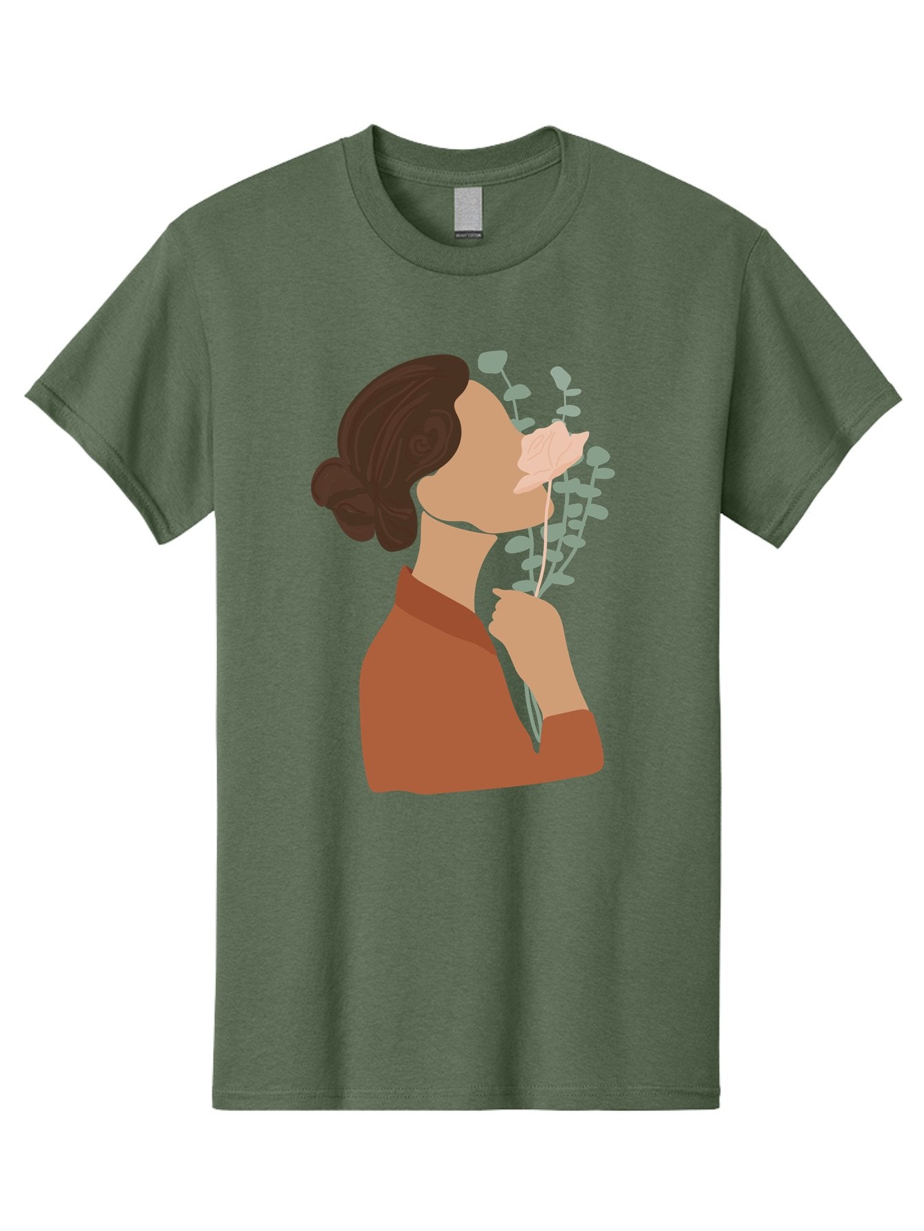 Woman-Smelling-Flower Men'S Graphic Tee, 100% Cotton, Comfortable Casual Summer Wear, Machine Washable, Woman Smelling Flowers, Blooming Flowers, Floral Scent, Serene Atmosphere, Gentle Gesture, Digital Illustration, Modern Art, Aae068 12