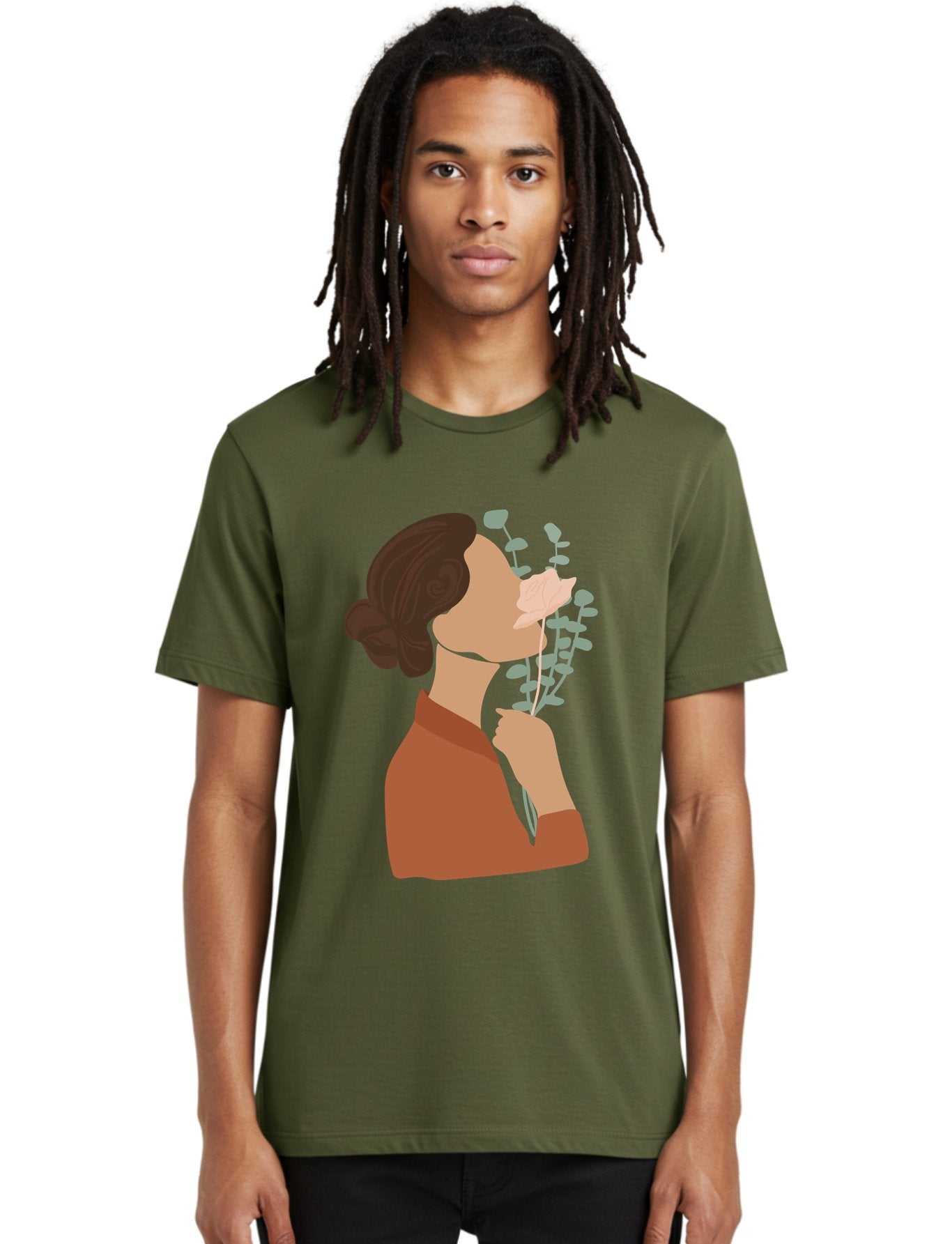 Woman-Smelling-Flower Men'S Graphic Tee, 100% Cotton, Comfortable Casual Summer Wear, Machine Washable, Woman Smelling Flowers, Blooming Flowers, Floral Scent, Serene Atmosphere, Gentle Gesture, Digital Illustration, Modern Art, Aae068 28