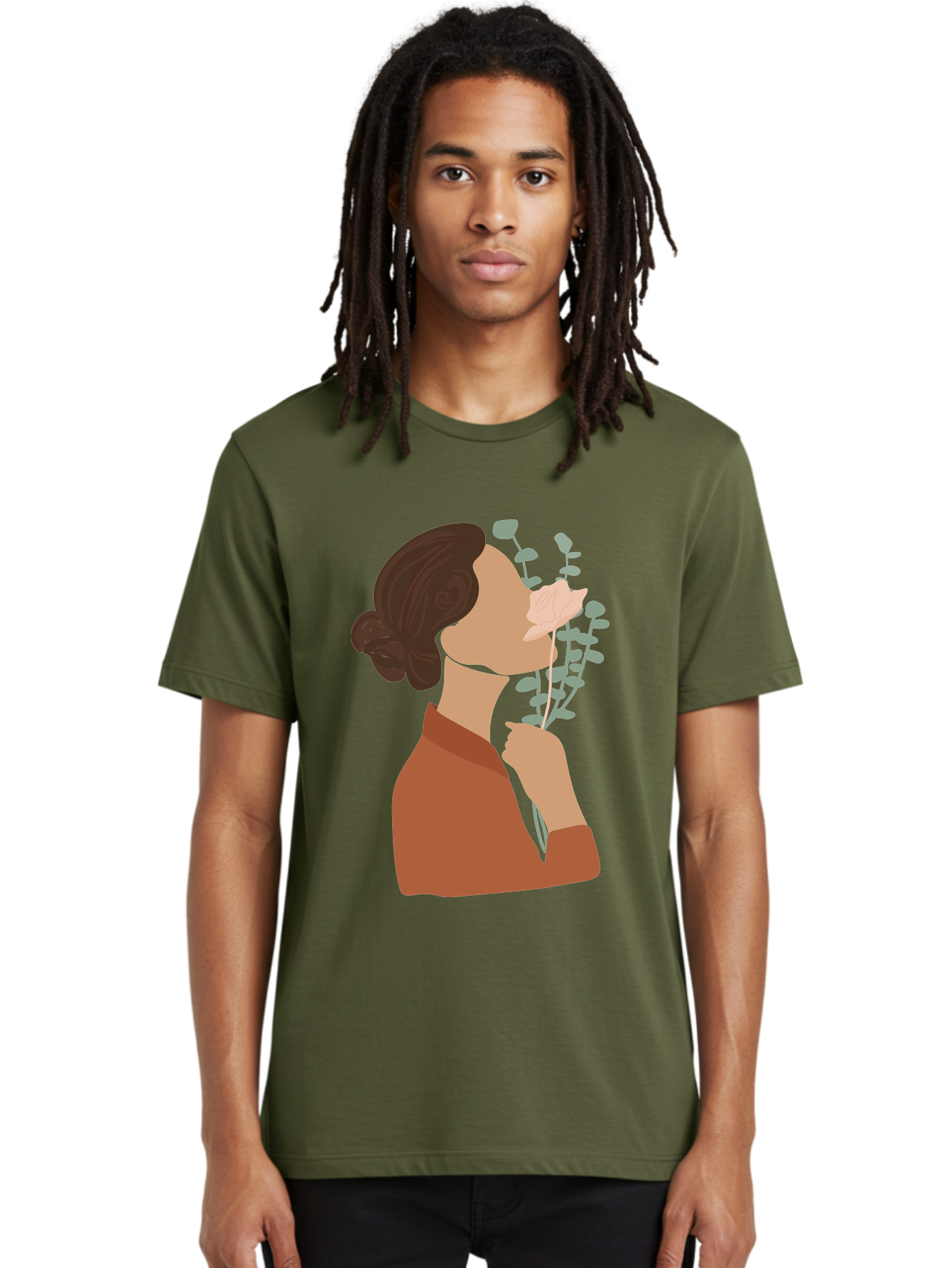 Woman-Smelling-Flower Men'S Graphic Tee, 100% Cotton, Comfortable Casual Summer Wear, Machine Washable, Woman Smelling Flowers, Blooming Flowers, Floral Scent, Serene Atmosphere, Gentle Gesture, Digital Illustration, Modern Art, Aae068 6