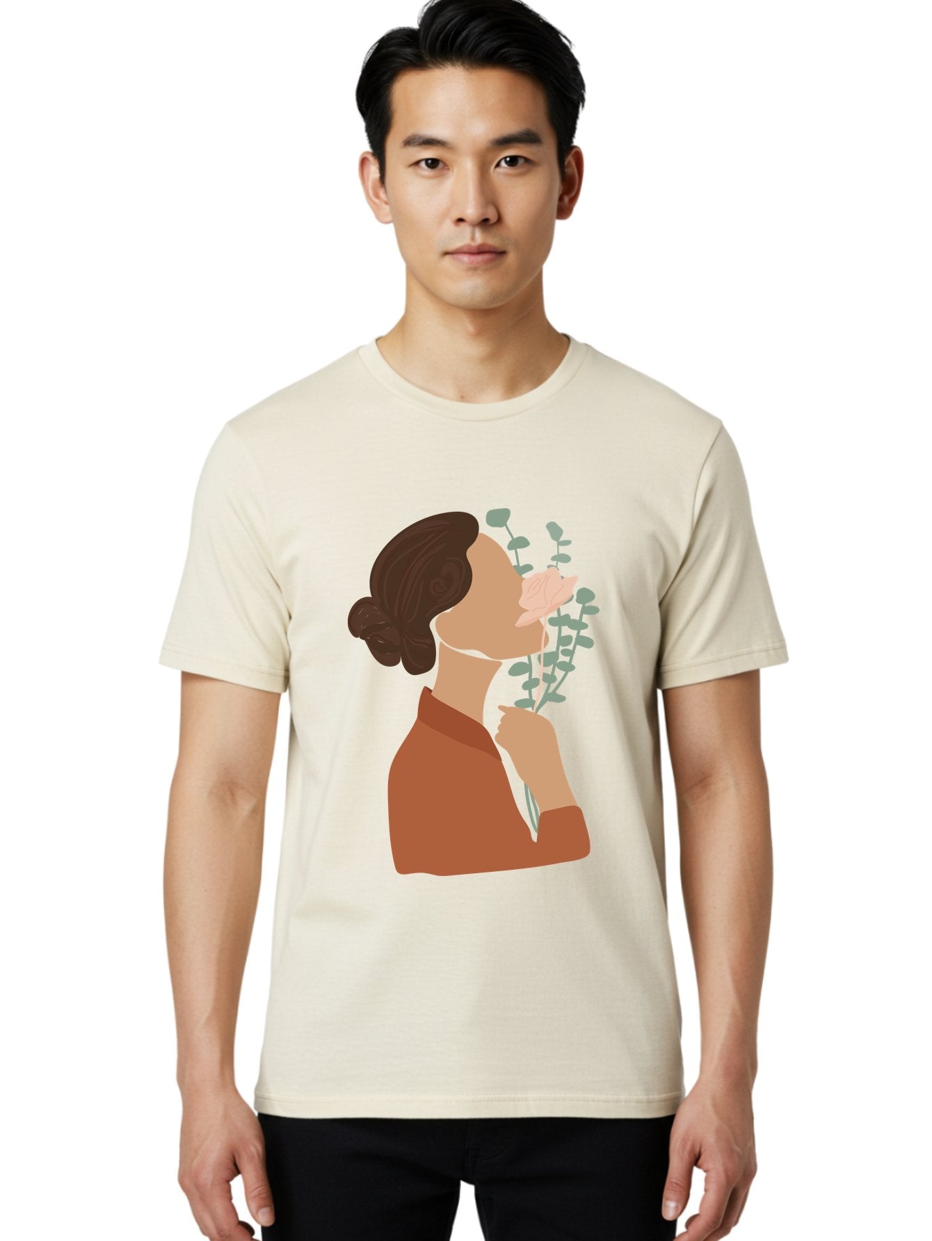 Woman-Smelling-Flower Men'S Graphic Tee, 100% Cotton, Comfortable Casual Summer Wear, Machine Washable, Woman Smelling Flowers, Blooming Flowers, Floral Scent, Serene Atmosphere, Gentle Gesture, Digital Illustration, Modern Art, Aae068 23