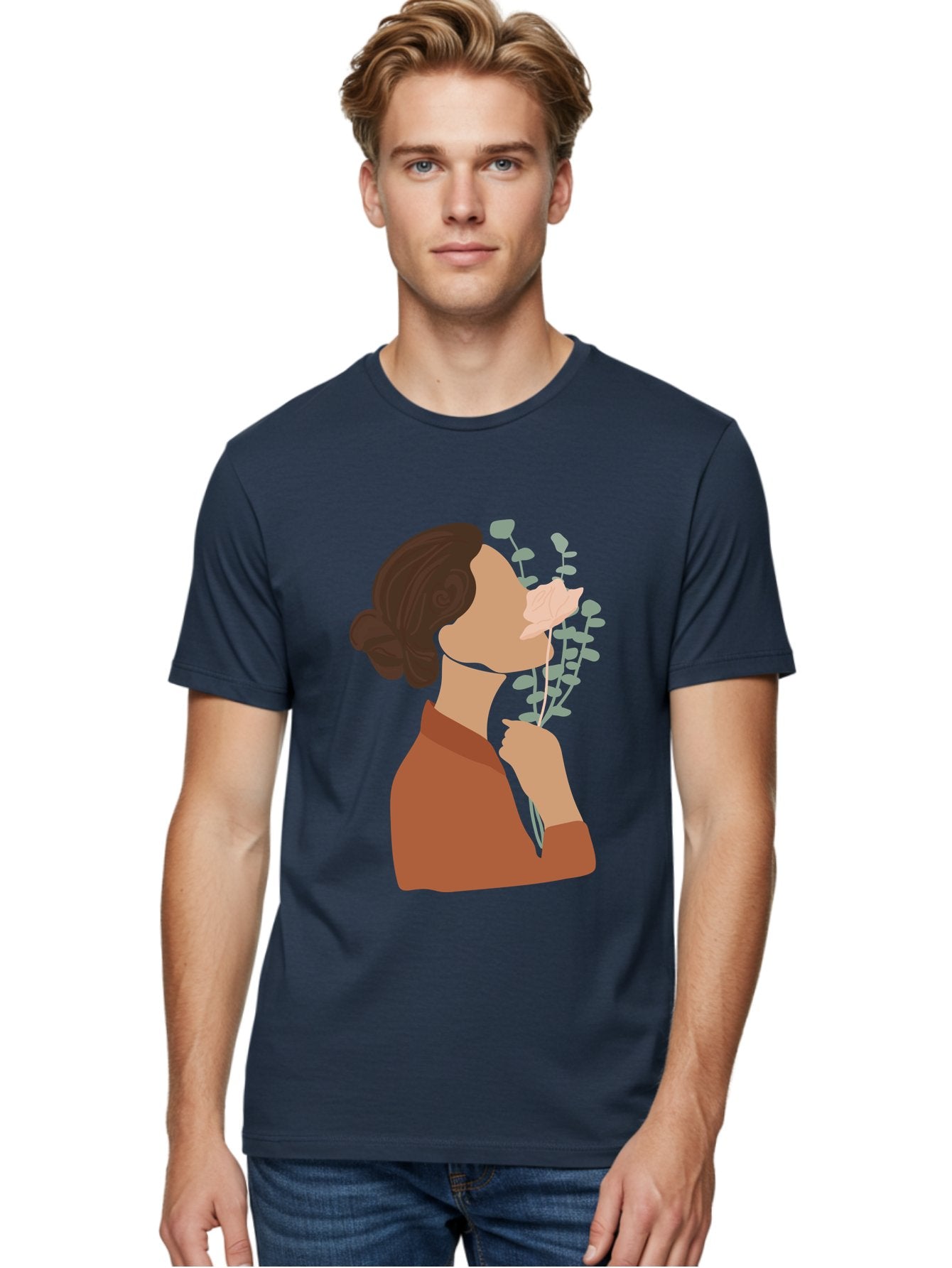 Woman-Smelling-Flower Men'S Graphic Tee, 100% Cotton, Comfortable Casual Summer Wear, Machine Washable, Woman Smelling Flowers, Blooming Flowers, Floral Scent, Serene Atmosphere, Gentle Gesture, Digital Illustration, Modern Art, Aae068 19