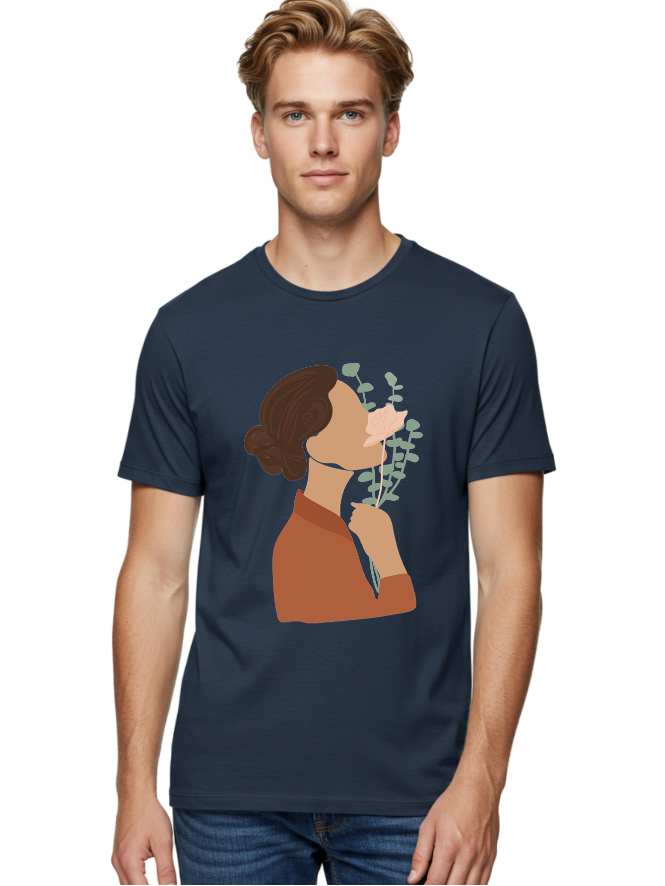 Woman-Smelling-Flower Men'S Graphic Tee, 100% Cotton, Comfortable Casual Summer Wear, Machine Washable, Woman Smelling Flowers, Blooming Flowers, Floral Scent, Serene Atmosphere, Gentle Gesture, Digital Illustration, Modern Art, Aae068 22