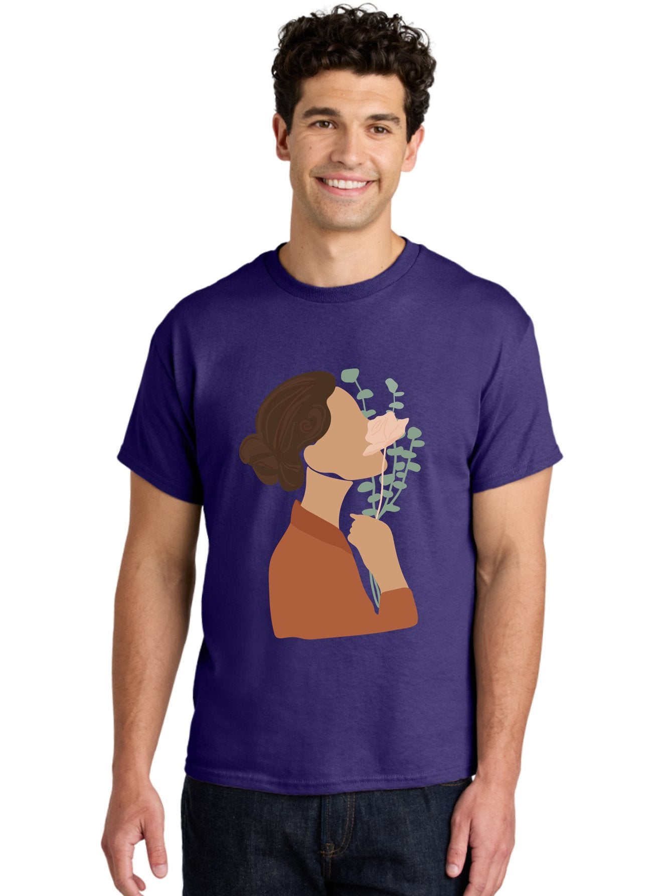 Woman-Smelling-Flower Men'S Graphic Tee, 100% Cotton, Comfortable Casual Summer Wear, Machine Washable, Woman Smelling Flowers, Blooming Flowers, Floral Scent, Serene Atmosphere, Gentle Gesture, Digital Illustration, Modern Art, Aae068 27