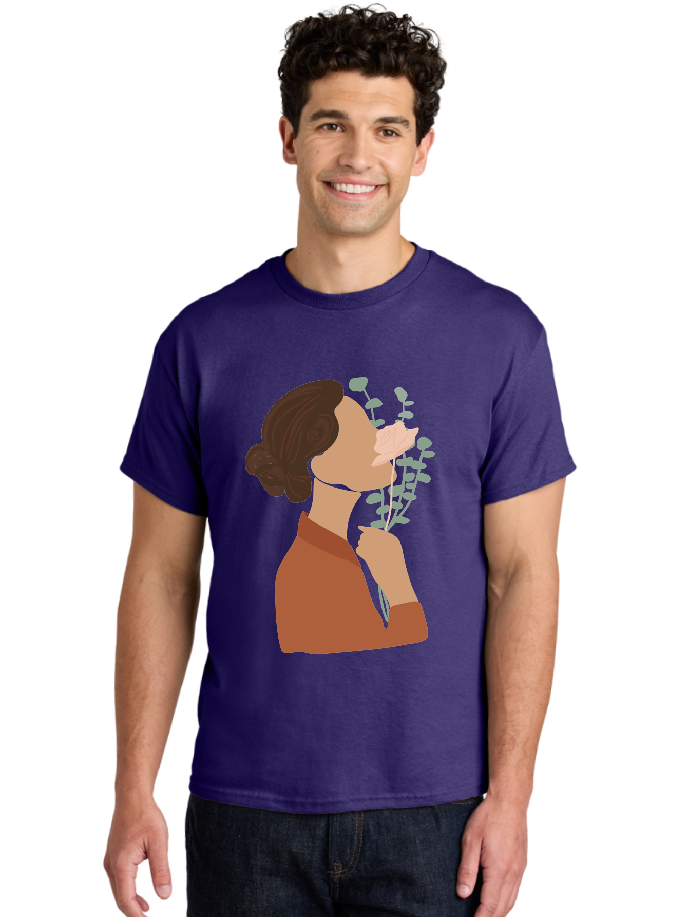 Woman-Smelling-Flower Men'S Graphic Tee, 100% Cotton, Comfortable Casual Summer Wear, Machine Washable, Woman Smelling Flowers, Blooming Flowers, Floral Scent, Serene Atmosphere, Gentle Gesture, Digital Illustration, Modern Art, Aae068 8
