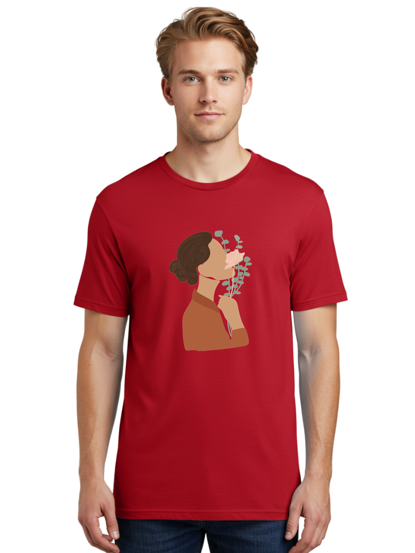 Woman-Smelling-Flower Men'S Graphic Tee, 100% Cotton, Comfortable Casual Summer Wear, Machine Washable, Woman Smelling Flowers, Blooming Flowers, Floral Scent, Serene Atmosphere, Gentle Gesture, Digital Illustration, Modern Art, Aae068 4