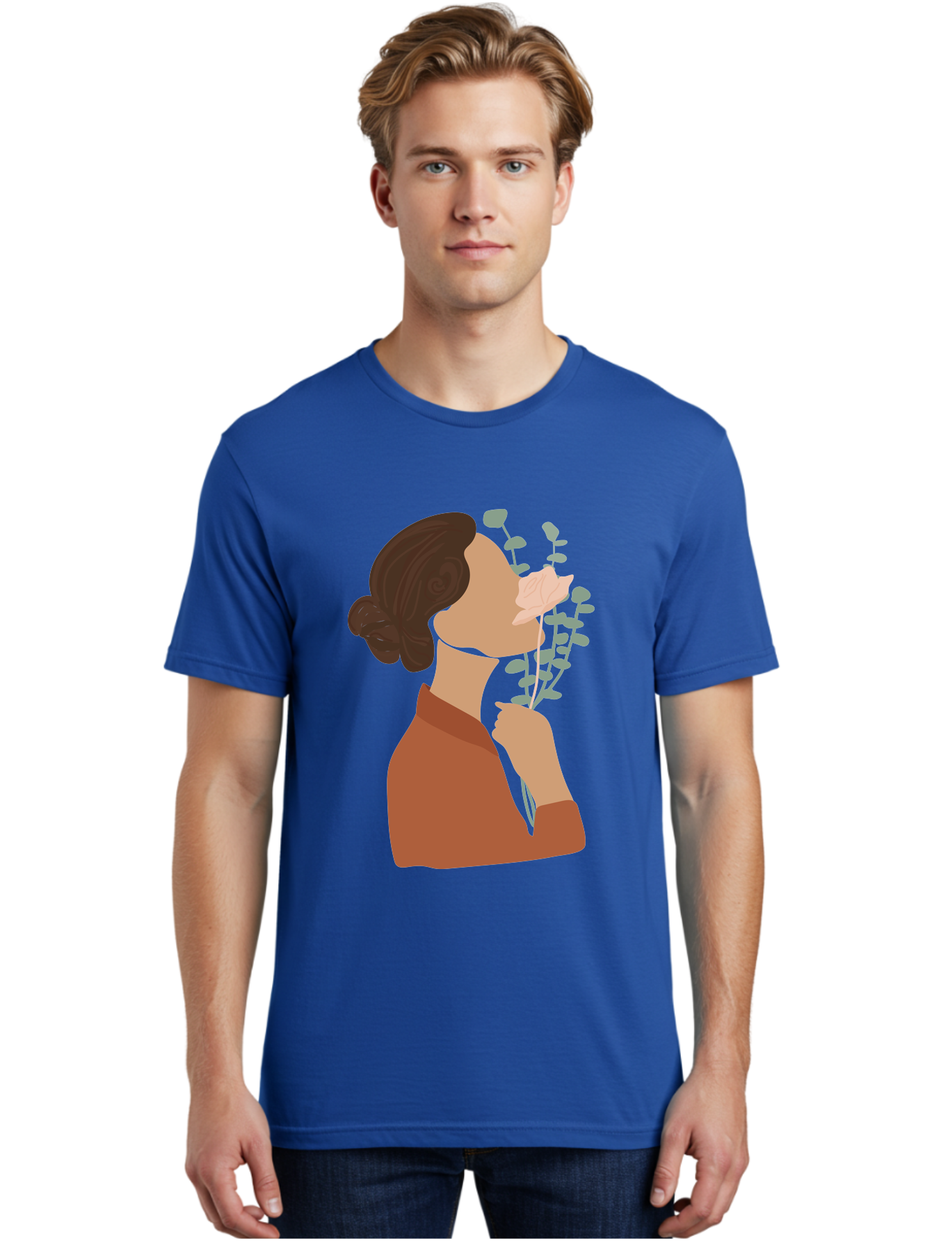 Woman-Smelling-Flower Men'S Graphic Tee, 100% Cotton, Comfortable Casual Summer Wear, Machine Washable, Woman Smelling Flowers, Blooming Flowers, Floral Scent, Serene Atmosphere, Gentle Gesture, Digital Illustration, Modern Art, Aae068 26