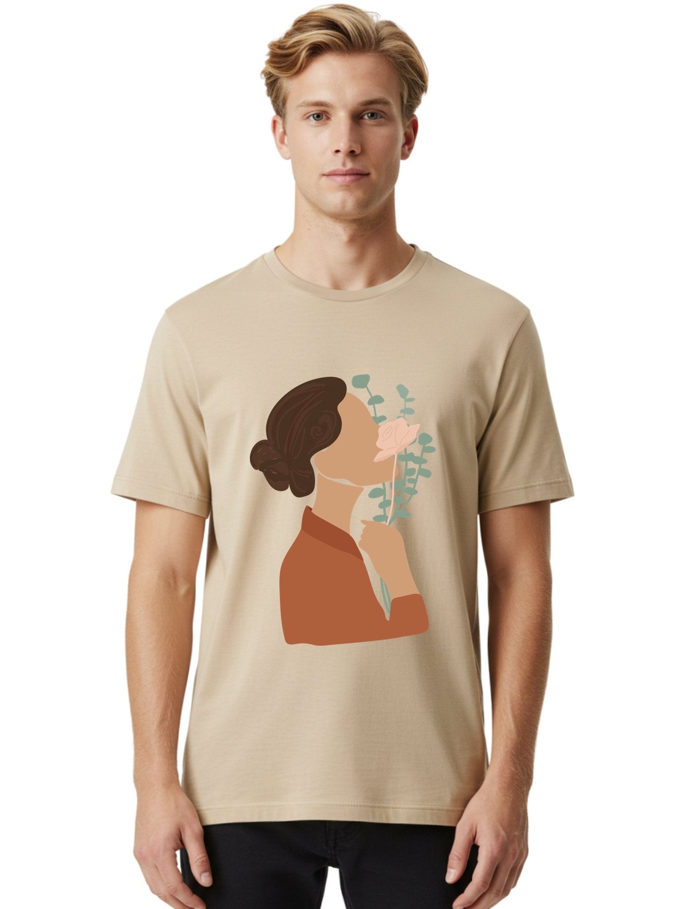 Woman-Smelling-Flower Men'S Graphic Tee, 100% Cotton, Comfortable Casual Summer Wear, Machine Washable, Woman Smelling Flowers, Blooming Flowers, Floral Scent, Serene Atmosphere, Gentle Gesture, Digital Illustration, Modern Art, Aae068 26
