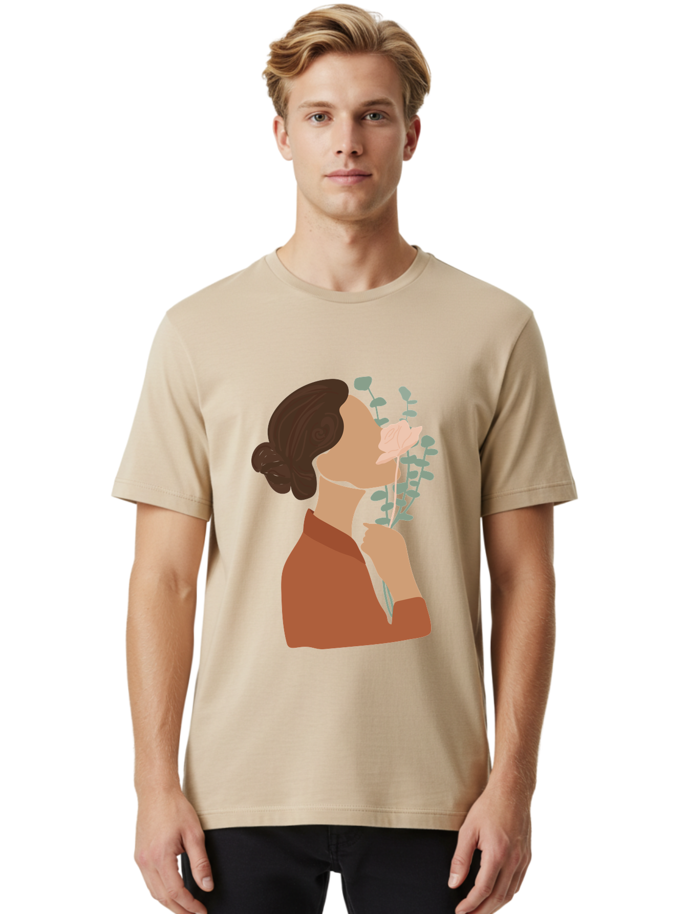Woman-Smelling-Flower Men'S Graphic Tee, 100% Cotton, Comfortable Casual Summer Wear, Machine Washable, Woman Smelling Flowers, Blooming Flowers, Floral Scent, Serene Atmosphere, Gentle Gesture, Digital Illustration, Modern Art, Aae068 10