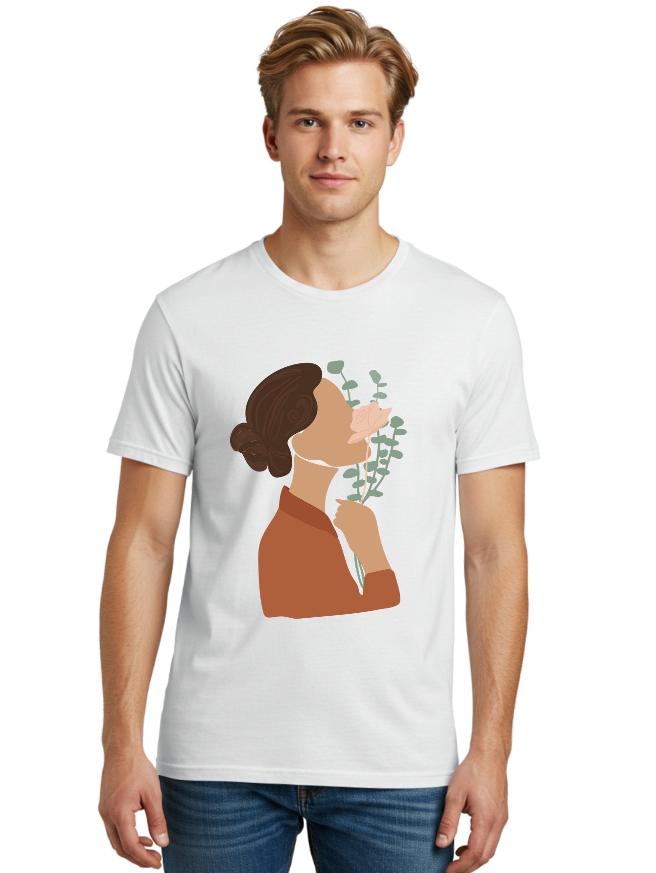 Woman-Smelling-Flower Men'S Graphic Tee, 100% Cotton, Comfortable Casual Summer Wear, Machine Washable, Woman Smelling Flowers, Blooming Flowers, Floral Scent, Serene Atmosphere, Gentle Gesture, Digital Illustration, Modern Art, Aae068 22