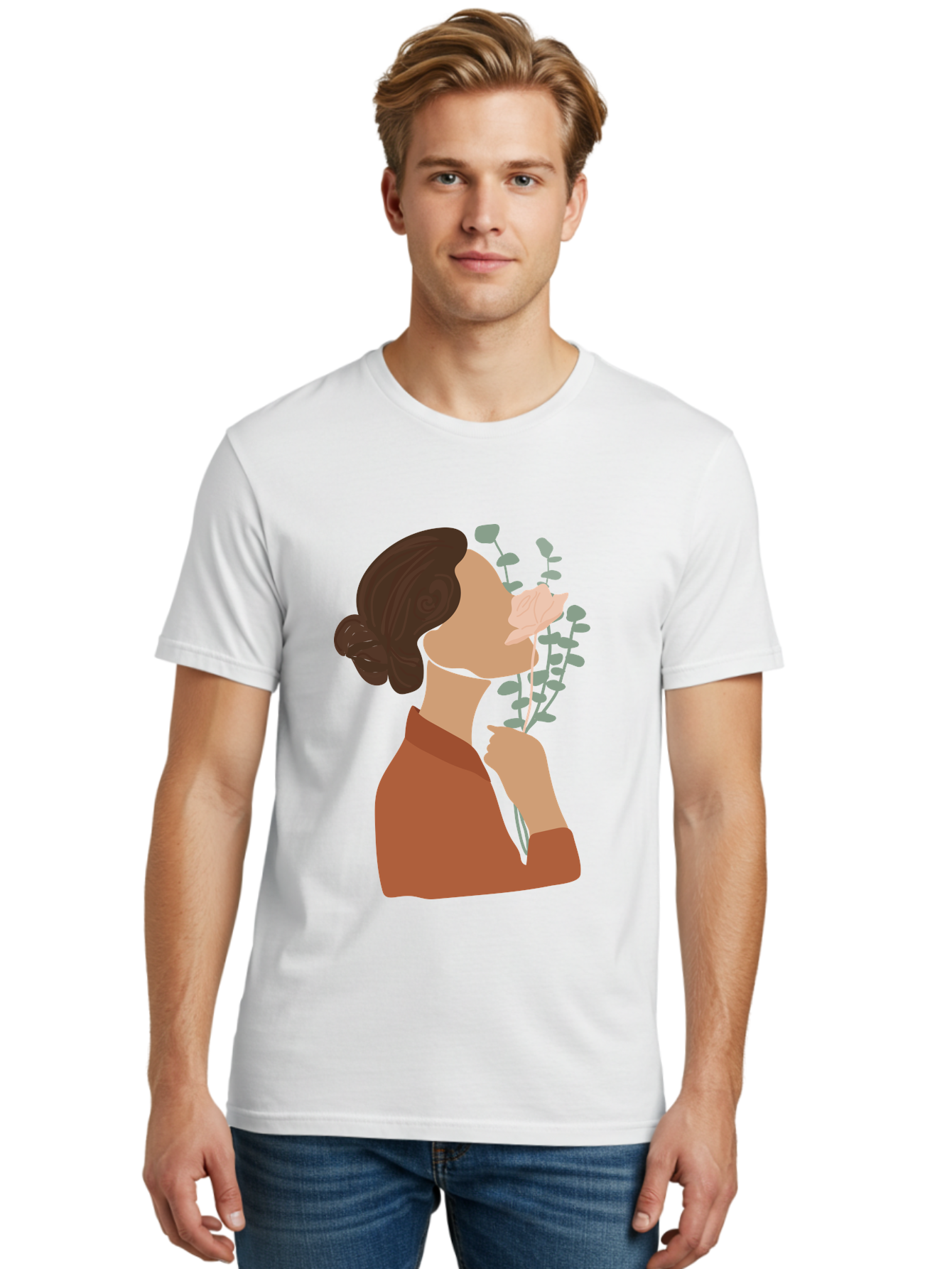 Woman-Smelling-Flower Men'S Graphic Tee, 100% Cotton, Comfortable Casual Summer Wear, Machine Washable, Woman Smelling Flowers, Blooming Flowers, Floral Scent, Serene Atmosphere, Gentle Gesture, Digital Illustration, Modern Art, Aae068 18