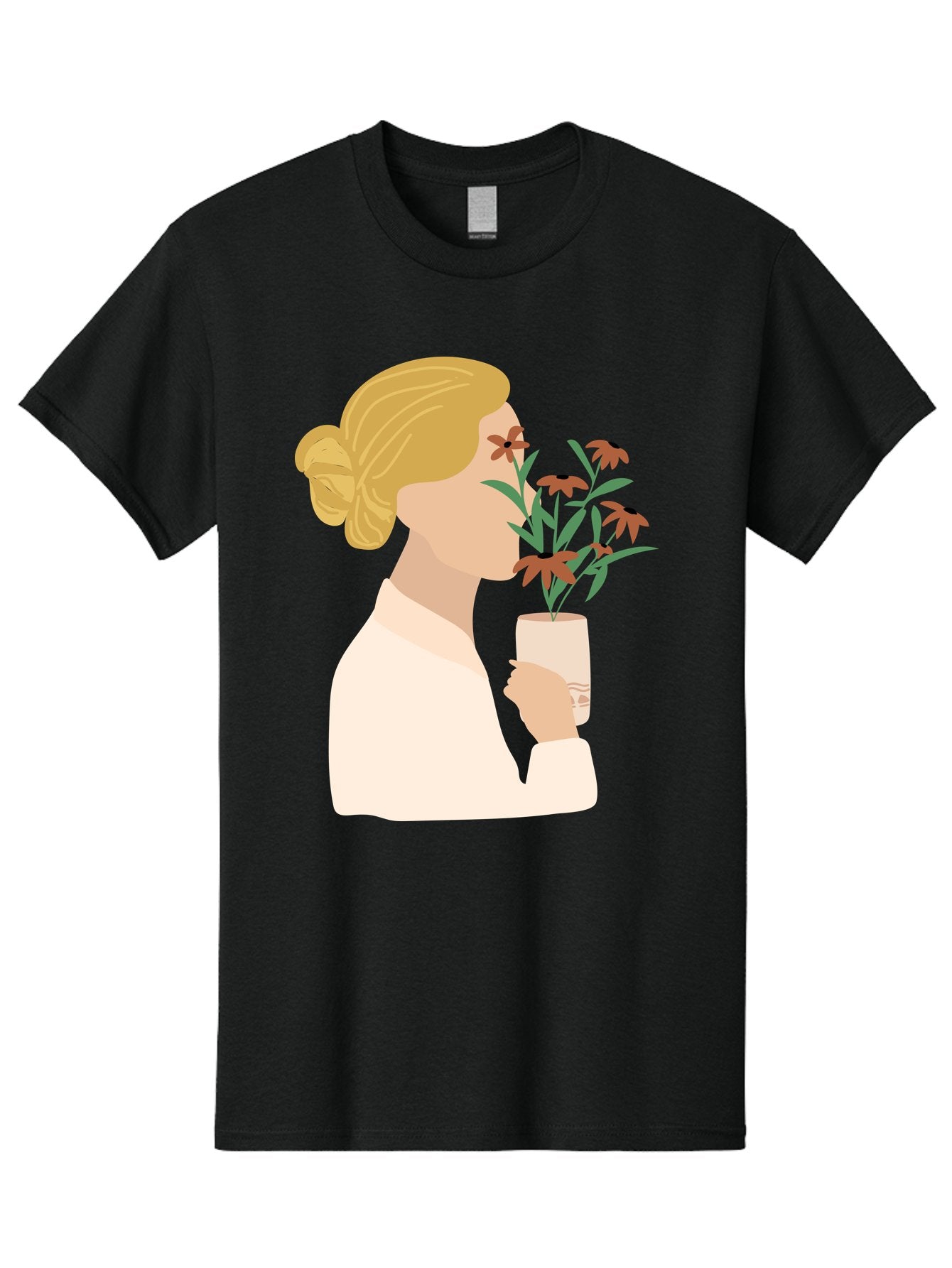 Woman-Smelling-Flowers Men'S Graphic Tee, 100% Cotton, Comfortable Casual Summer Wear, Machine Washable, Woman Smelling Flowers, Blossoming Blooms, Floral Beauty, Serene Atmosphere, Elegant Woman, Delicate Flowers, Calm Ambiance, Gentle Moment Aae069