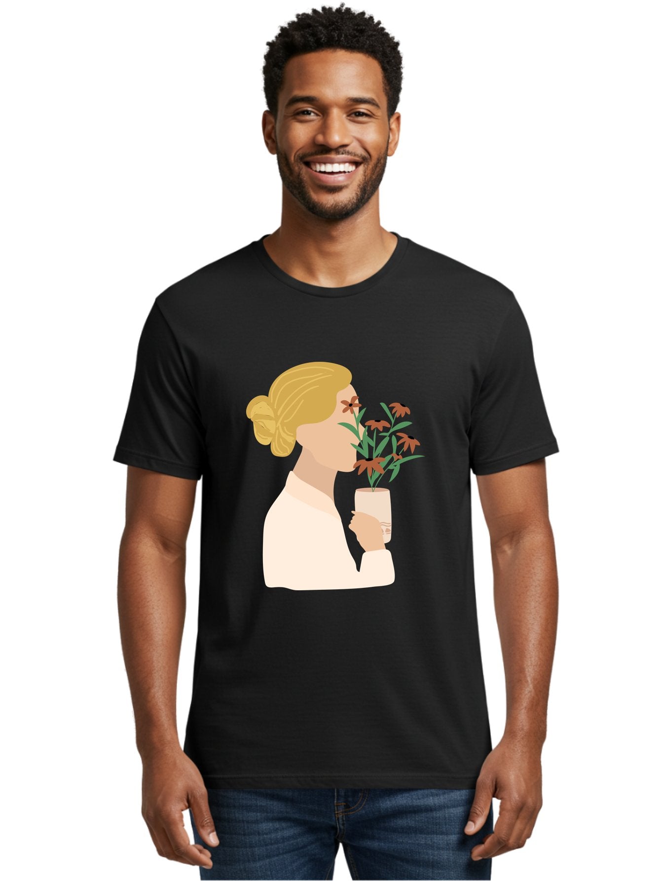 Woman-Smelling-Flowers Men'S Graphic Tee, 100% Cotton, Comfortable Casual Summer Wear, Machine Washable, Woman Smelling Flowers, Blossoming Blooms, Floral Beauty, Serene Atmosphere, Elegant Woman, Delicate Flowers, Calm Ambiance, Gentle Moment Aae069 21