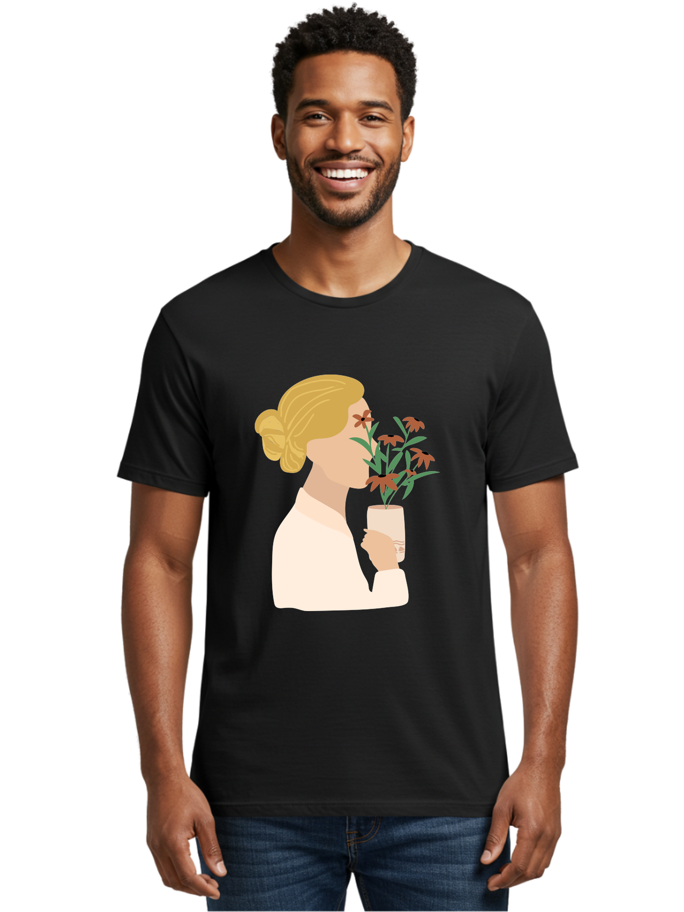 Woman-Smelling-Flowers Men'S Graphic Tee, 100% Cotton, Comfortable Casual Summer Wear, Machine Washable, Woman Smelling Flowers, Blossoming Blooms, Floral Beauty, Serene Atmosphere, Elegant Woman, Delicate Flowers, Calm Ambiance, Gentle Moment Aae069 20