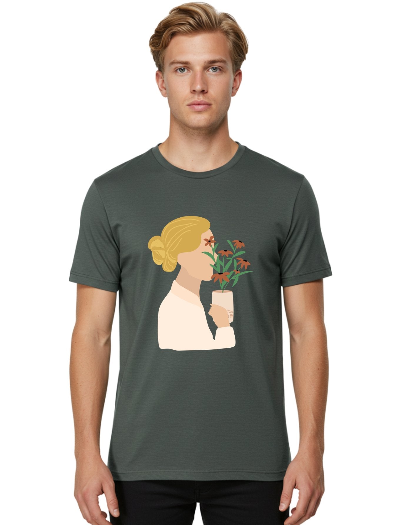Woman-Smelling-Flowers Men'S Graphic Tee, 100% Cotton, Comfortable Casual Summer Wear, Machine Washable, Woman Smelling Flowers, Blossoming Blooms, Floral Beauty, Serene Atmosphere, Elegant Woman, Delicate Flowers, Calm Ambiance, Gentle Moment Aae069 30