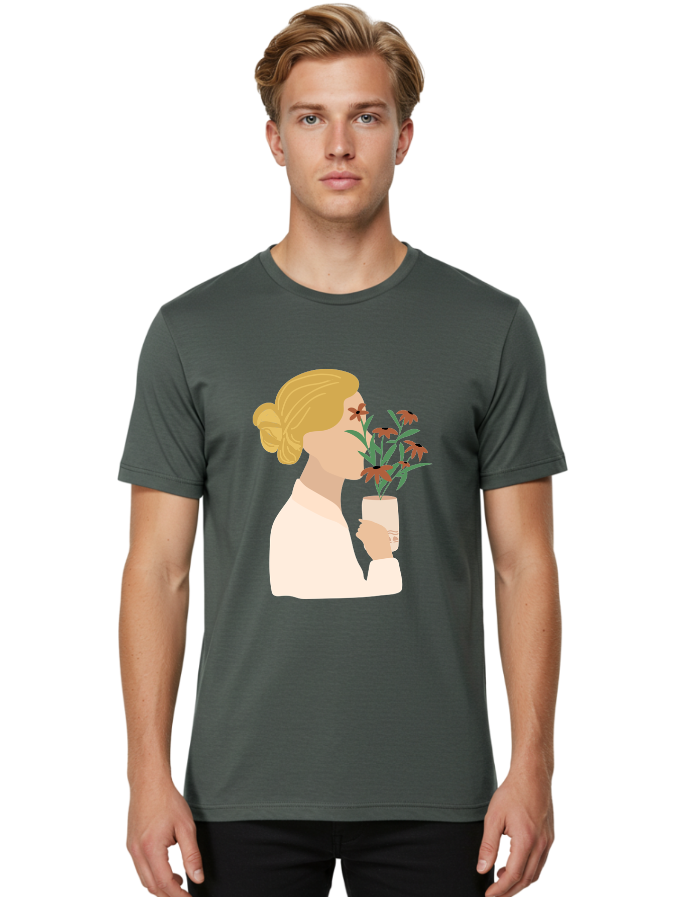 Woman-Smelling-Flowers Men'S Graphic Tee, 100% Cotton, Comfortable Casual Summer Wear, Machine Washable, Woman Smelling Flowers, Blossoming Blooms, Floral Beauty, Serene Atmosphere, Elegant Woman, Delicate Flowers, Calm Ambiance, Gentle Moment Aae069