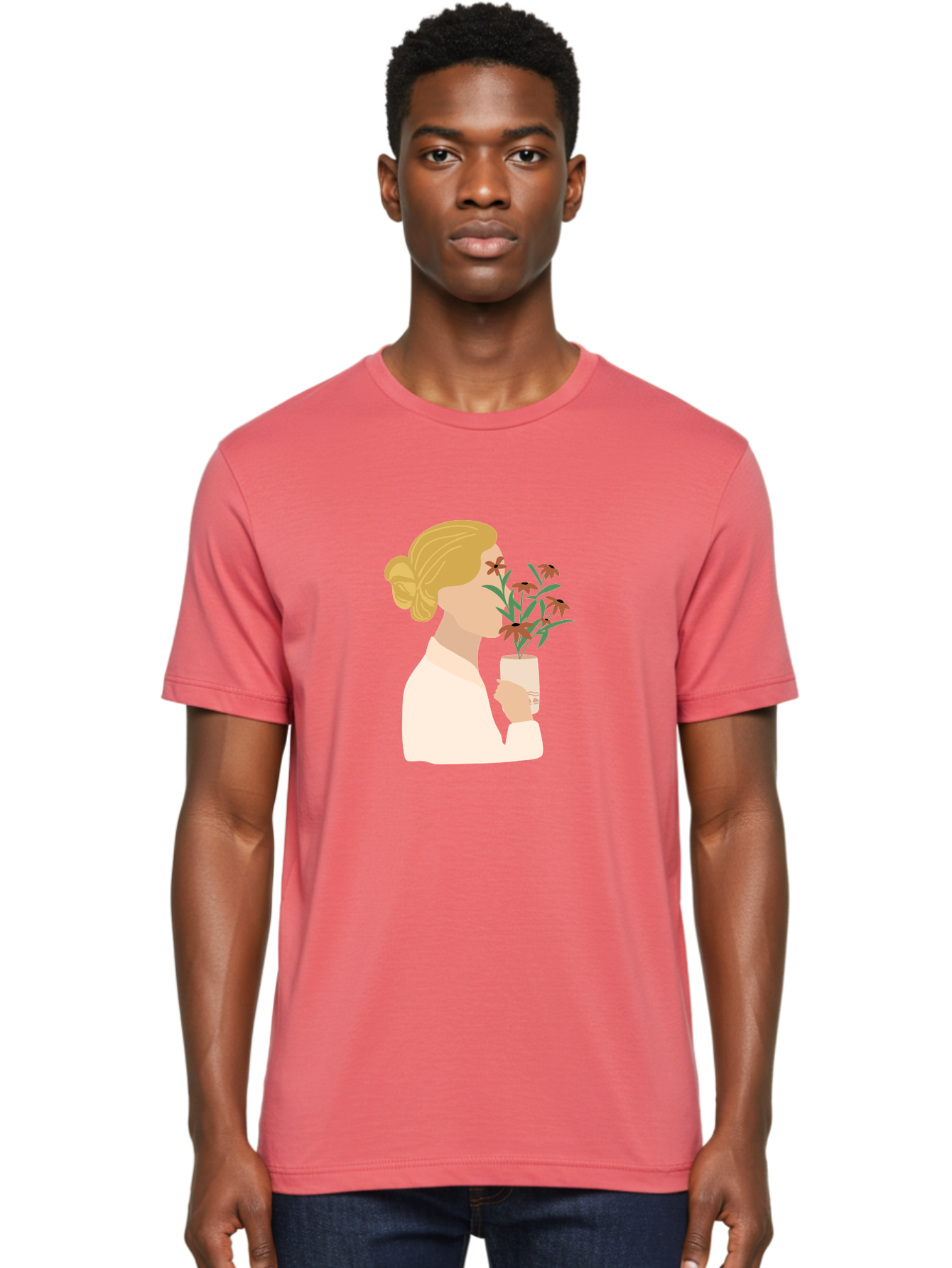Woman-Smelling-Flowers Men'S Graphic Tee, 100% Cotton, Comfortable Casual Summer Wear, Machine Washable, Woman Smelling Flowers, Blossoming Blooms, Floral Beauty, Serene Atmosphere, Elegant Woman, Delicate Flowers, Calm Ambiance, Gentle Moment Aae069 6