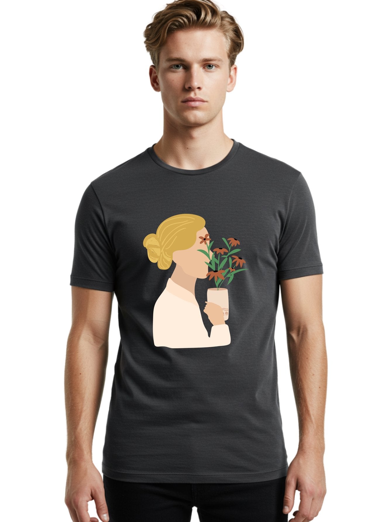 Woman-Smelling-Flowers Men'S Graphic Tee, 100% Cotton, Comfortable Casual Summer Wear, Machine Washable, Woman Smelling Flowers, Blossoming Blooms, Floral Beauty, Serene Atmosphere, Elegant Woman, Delicate Flowers, Calm Ambiance, Gentle Moment Aae069 25