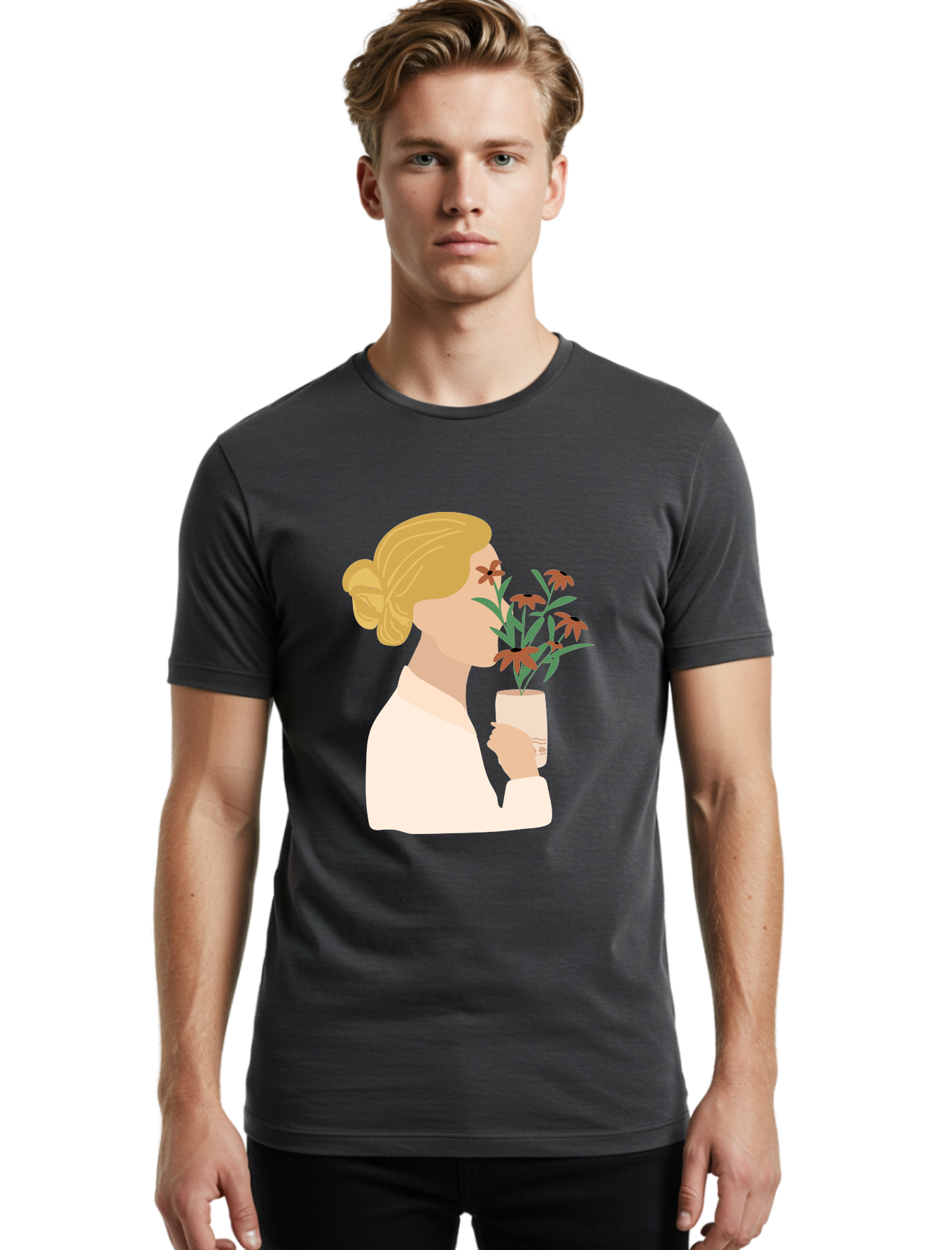 Woman-Smelling-Flowers Men'S Graphic Tee, 100% Cotton, Comfortable Casual Summer Wear, Machine Washable, Woman Smelling Flowers, Blossoming Blooms, Floral Beauty, Serene Atmosphere, Elegant Woman, Delicate Flowers, Calm Ambiance, Gentle Moment Aae069 12
