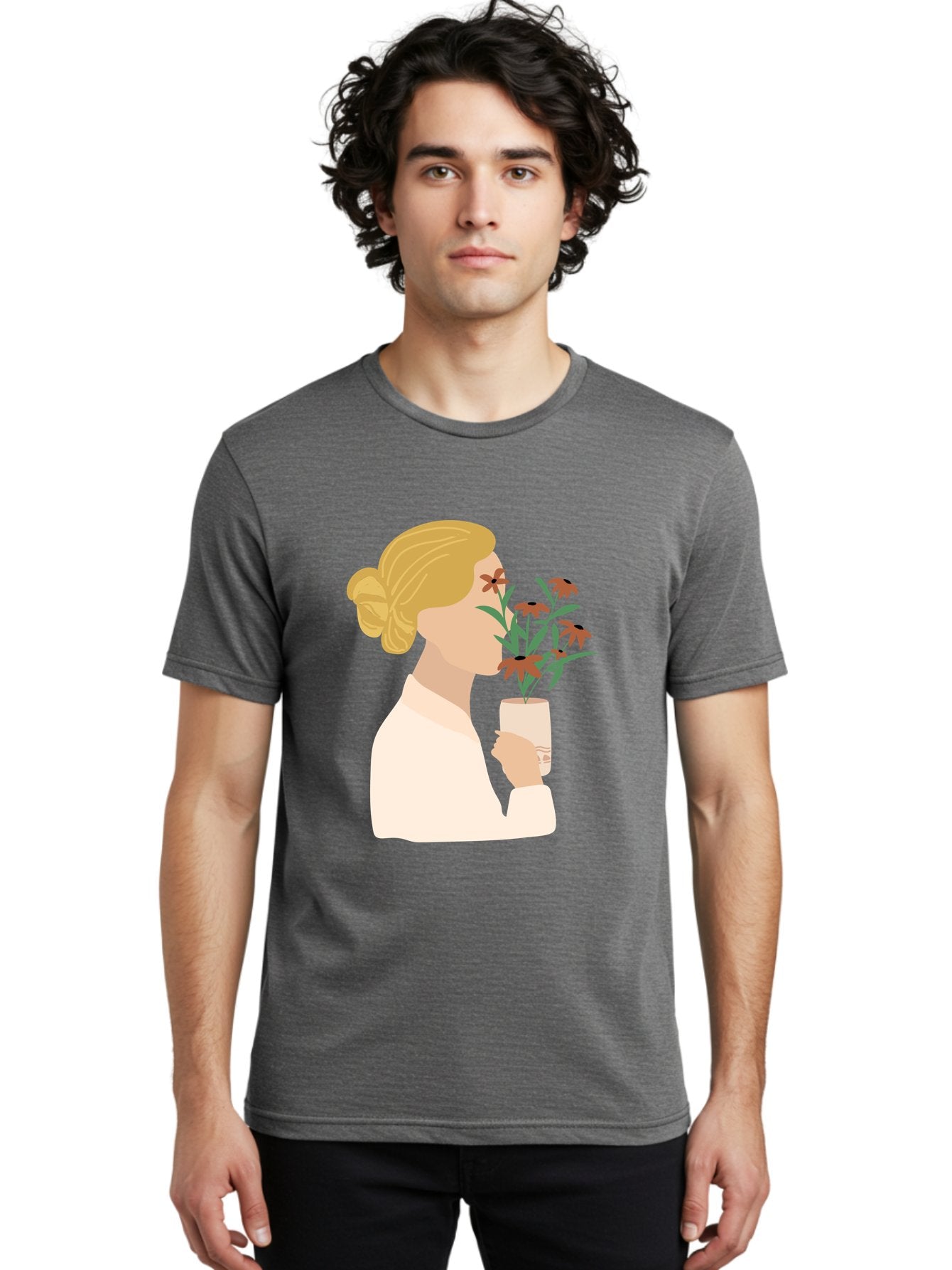 Woman-Smelling-Flowers Men'S Graphic Tee, 100% Cotton, Comfortable Casual Summer Wear, Machine Washable, Woman Smelling Flowers, Blossoming Blooms, Floral Beauty, Serene Atmosphere, Elegant Woman, Delicate Flowers, Calm Ambiance, Gentle Moment Aae069 27