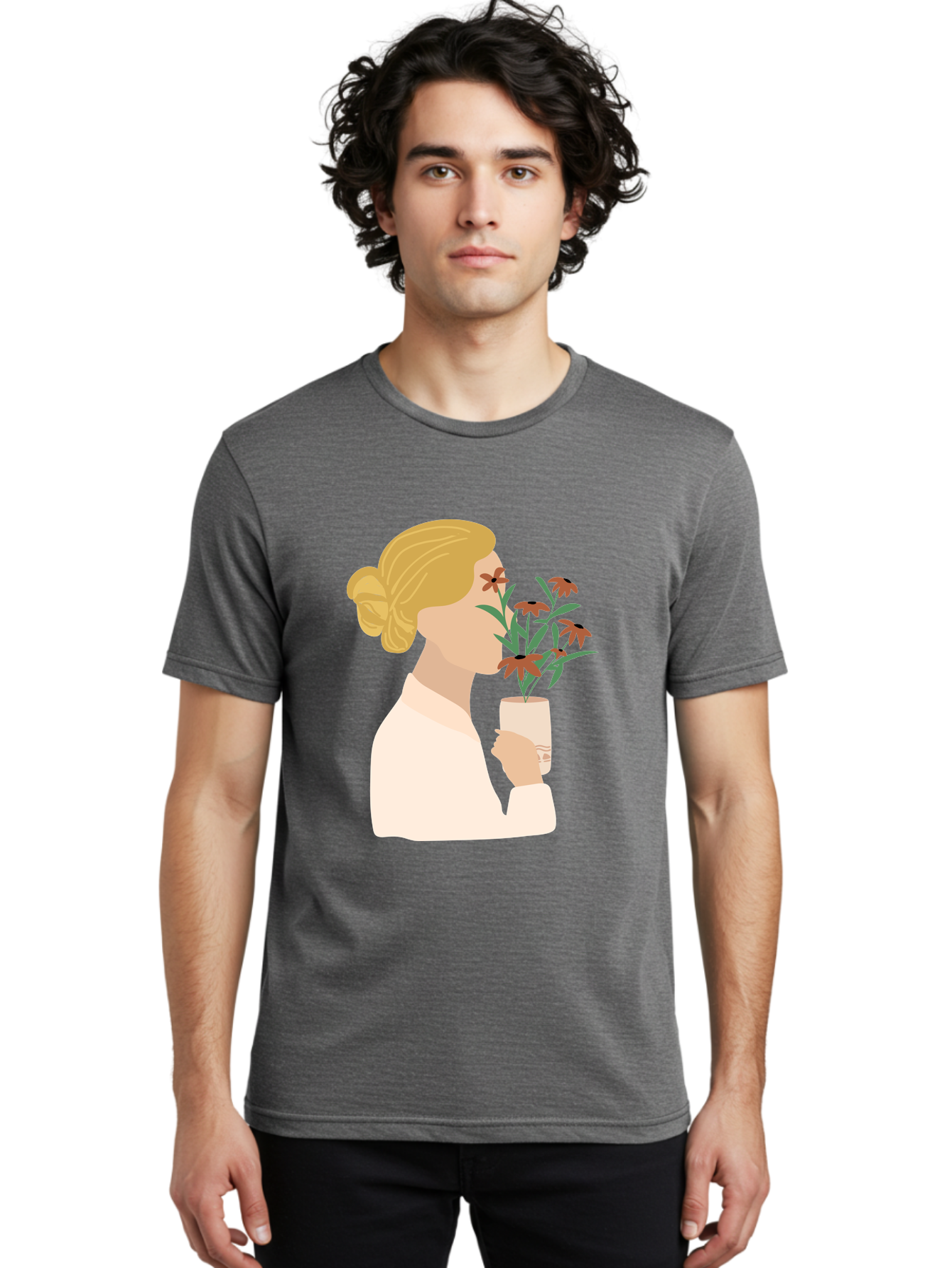 Woman-Smelling-Flowers Men'S Graphic Tee, 100% Cotton, Comfortable Casual Summer Wear, Machine Washable, Woman Smelling Flowers, Blossoming Blooms, Floral Beauty, Serene Atmosphere, Elegant Woman, Delicate Flowers, Calm Ambiance, Gentle Moment Aae069 8