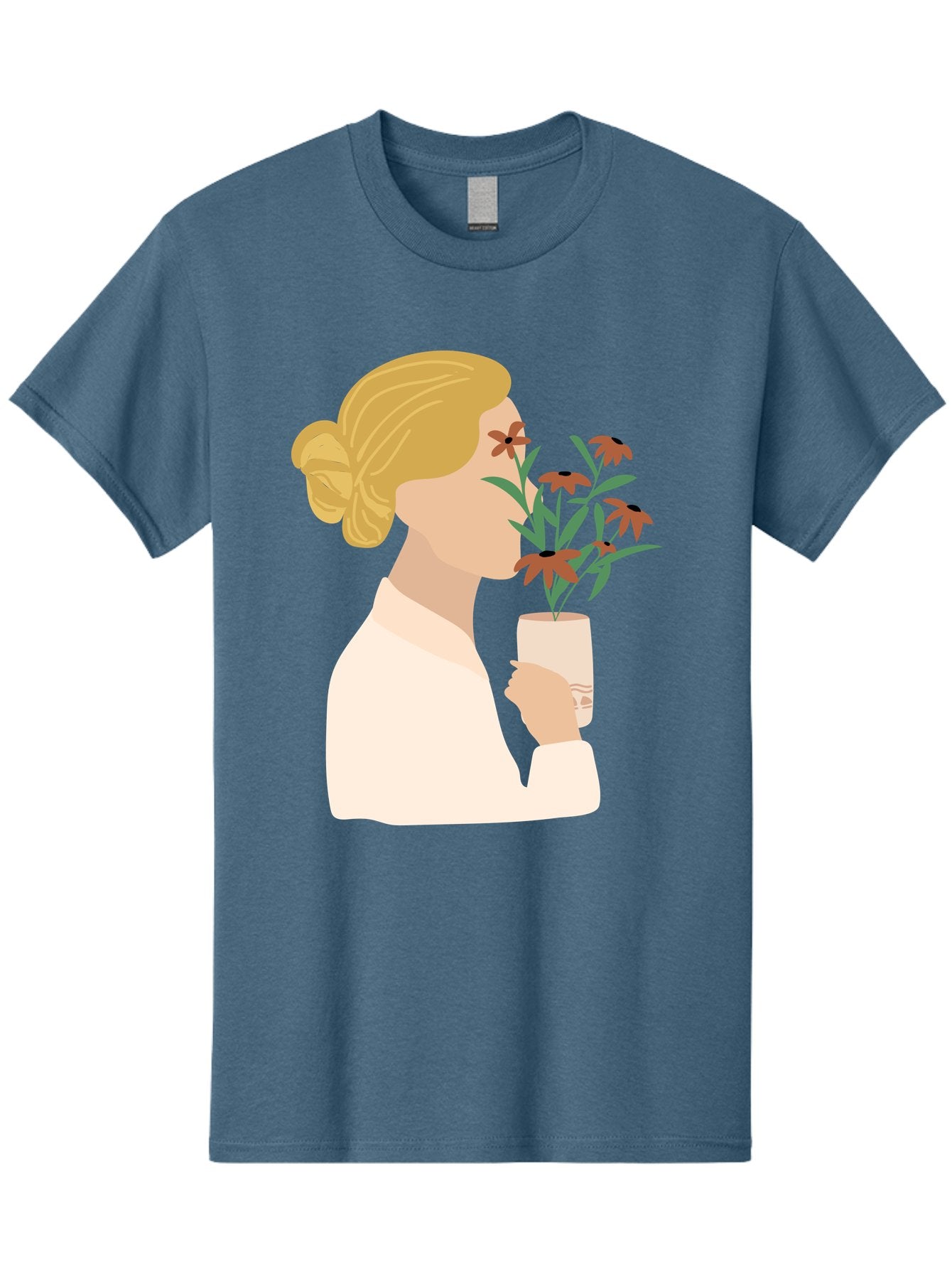 Woman-Smelling-Flowers Men'S Graphic Tee, 100% Cotton, Comfortable Casual Summer Wear, Machine Washable, Woman Smelling Flowers, Blossoming Blooms, Floral Beauty, Serene Atmosphere, Elegant Woman, Delicate Flowers, Calm Ambiance, Gentle Moment Aae069 6
