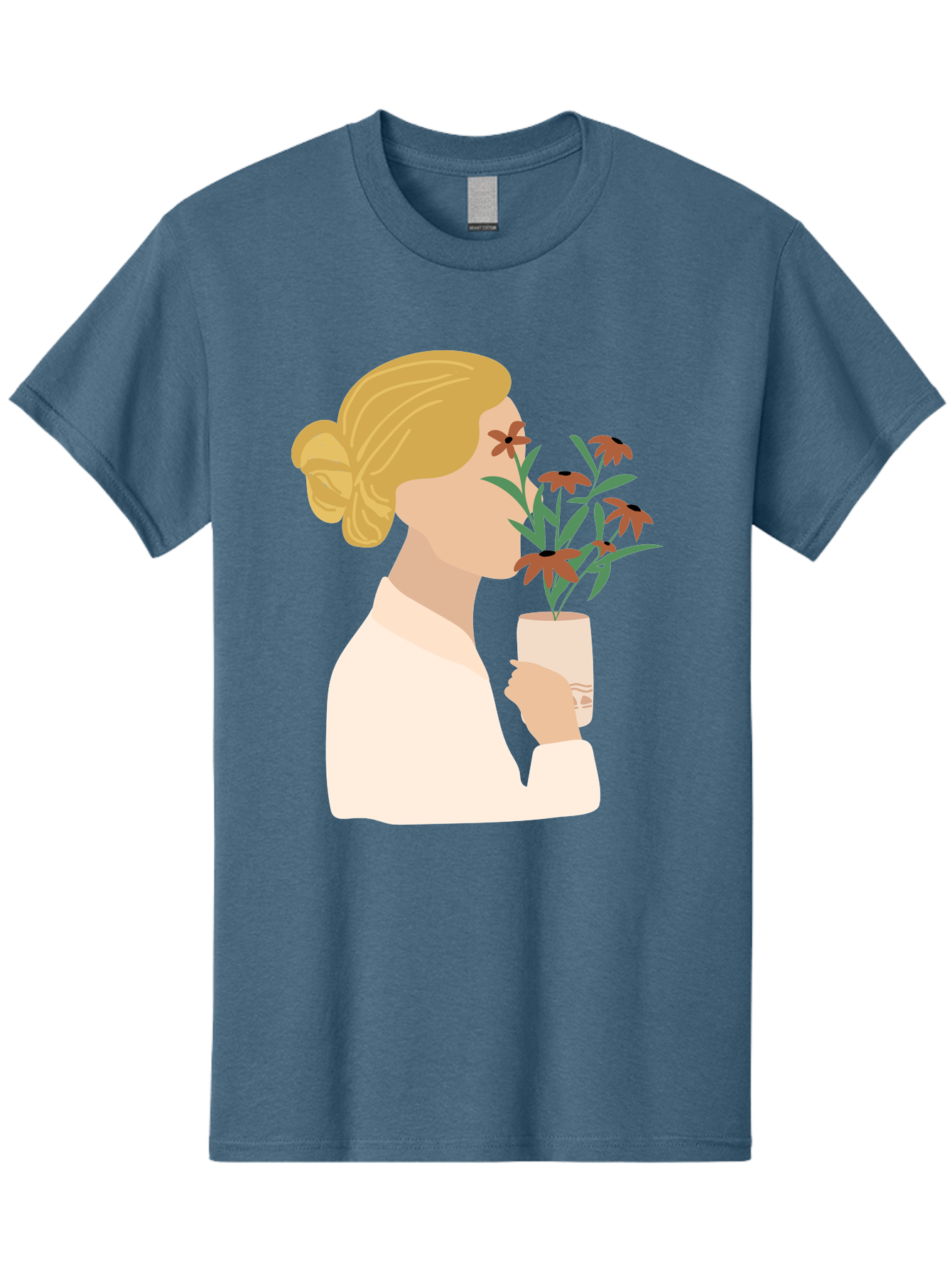Woman-Smelling-Flowers Men'S Graphic Tee, 100% Cotton, Comfortable Casual Summer Wear, Machine Washable, Woman Smelling Flowers, Blossoming Blooms, Floral Beauty, Serene Atmosphere, Elegant Woman, Delicate Flowers, Calm Ambiance, Gentle Moment Aae069 13